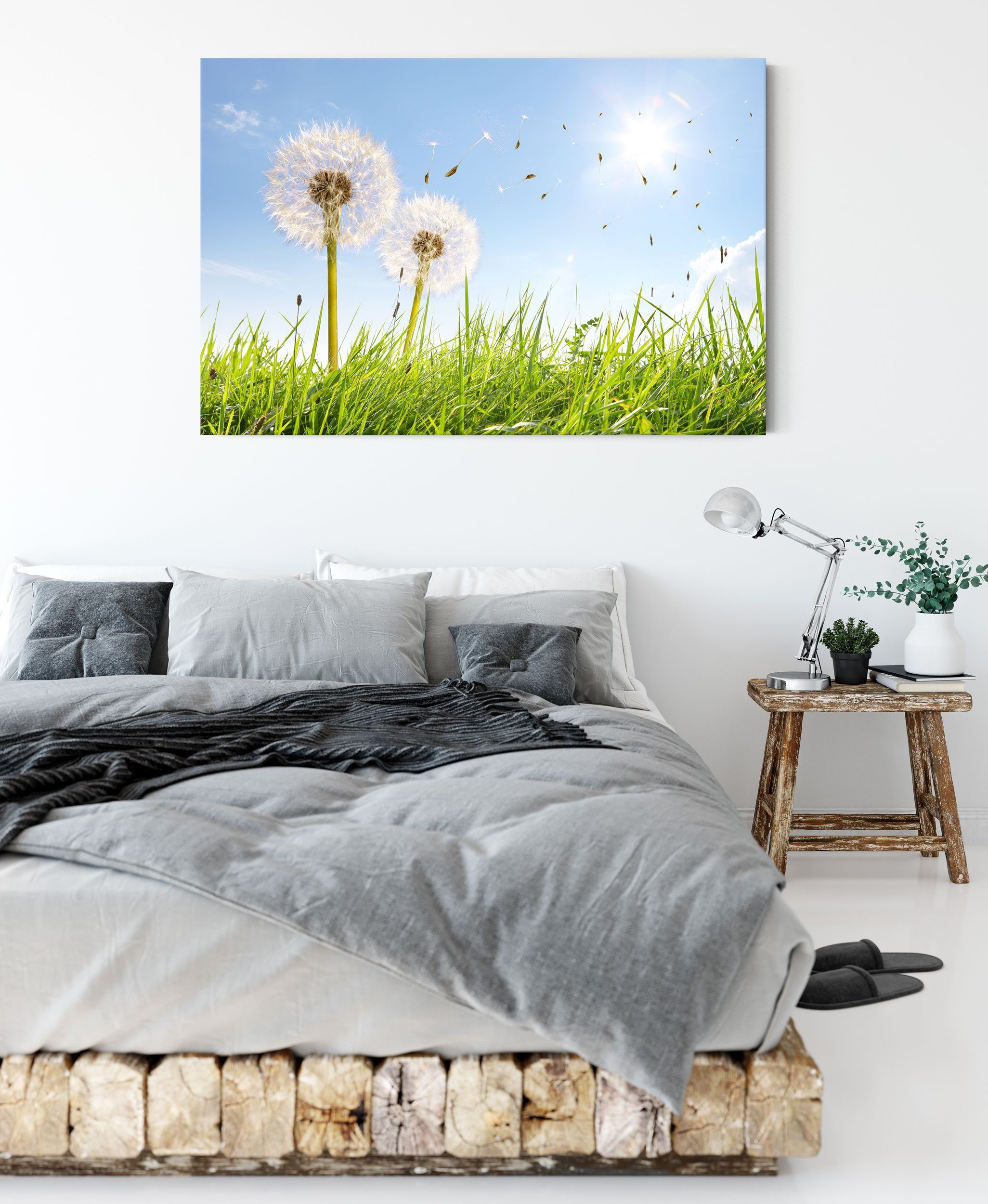 (1 Pusteblumen Pusteblumen Frühlingswiese bespannt, Zackenaufhänger Leinwandbild auf inkl. Frühlingswiese, Pixxprint auf St), Leinwandbild fertig