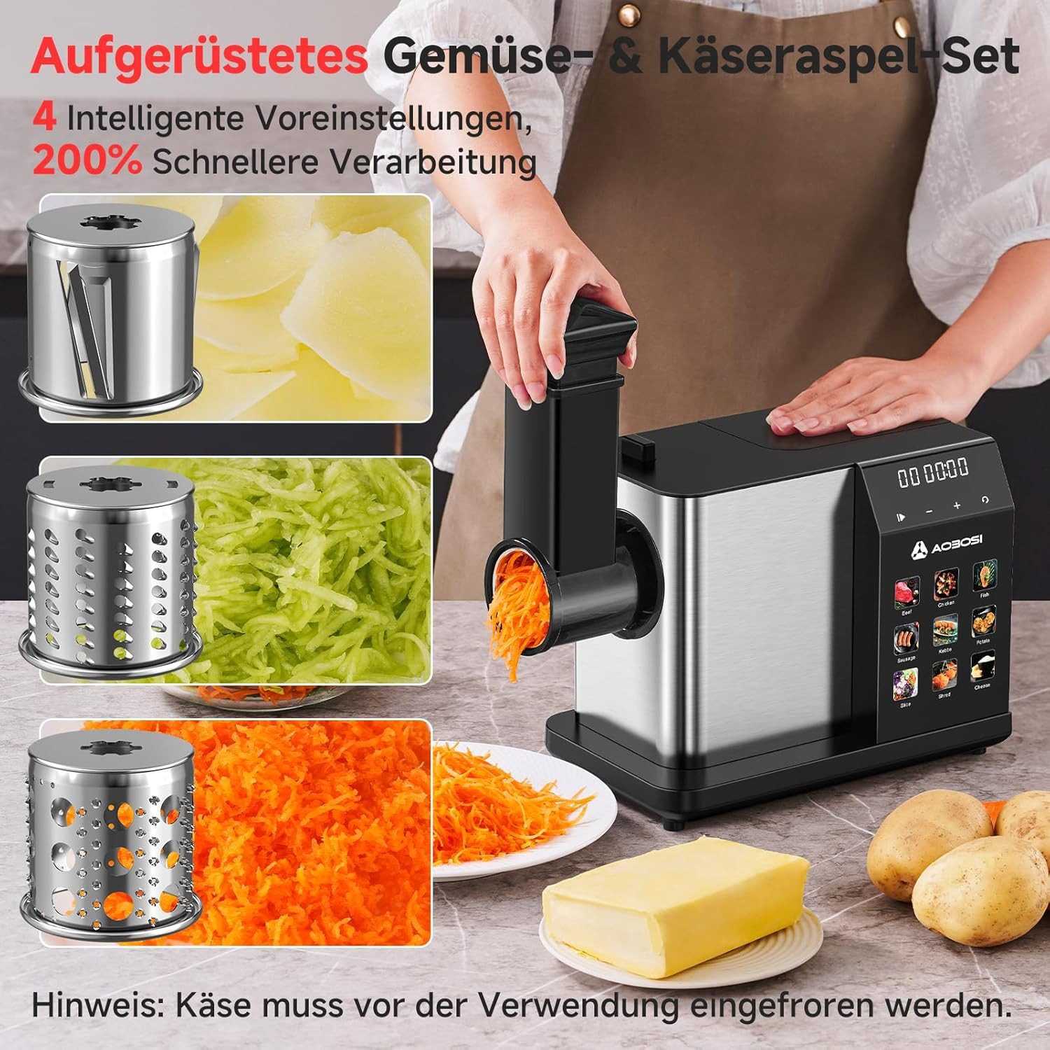 AMZCHEF Fleischwolf CE-AZ-MG10OT2C-SV, 3000 W, 3000W mit LED-Anzeige, 9 Geschwindigkeitsstufen