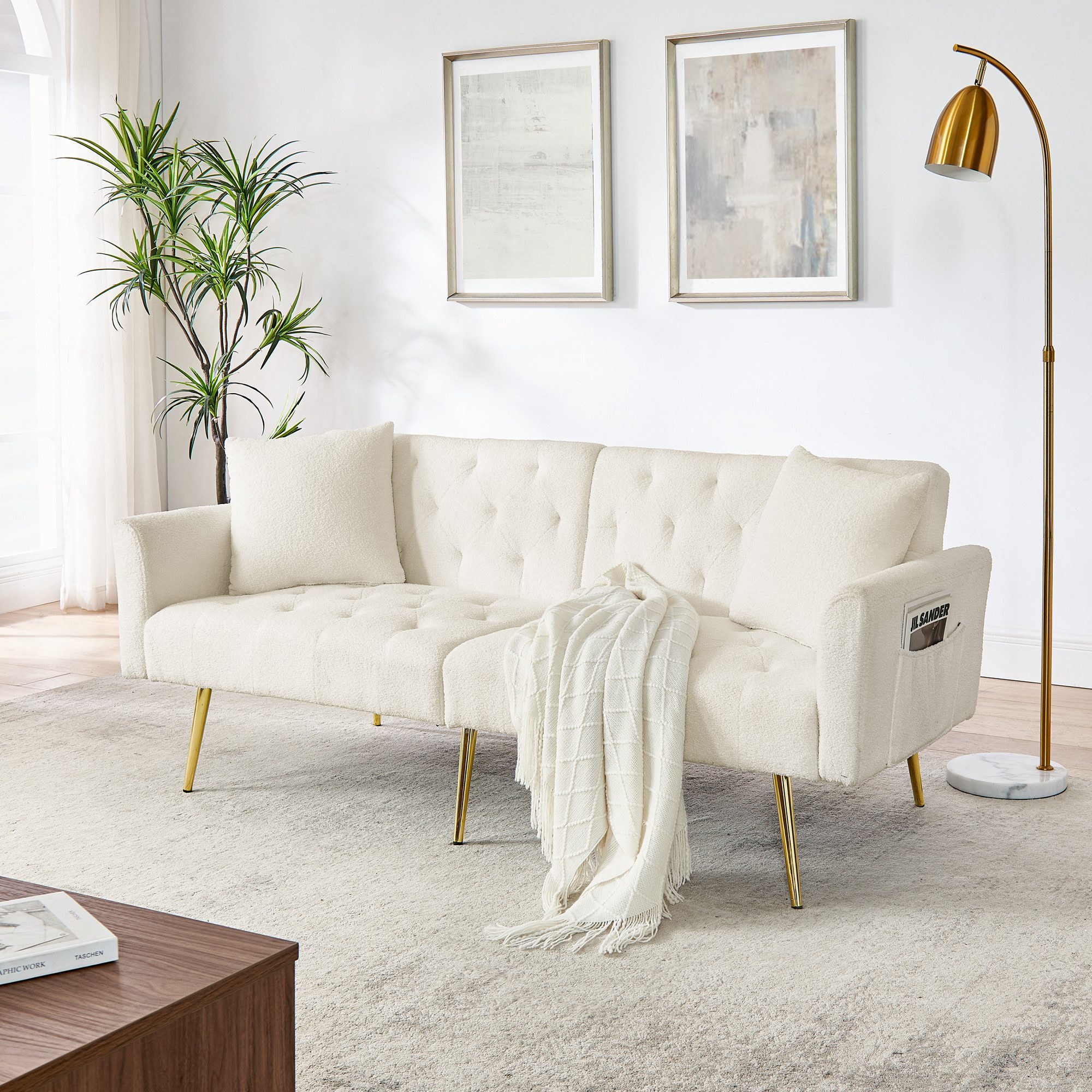 MODFU Schlafsofa Platzsparende Lösung für kleine Wohnungen: 2-Sitzer-Sofa, Set 1 Teile, Mit verstellbarer Rückenlehne aus weichem Teddy-Stoff, 177x78x74 cm