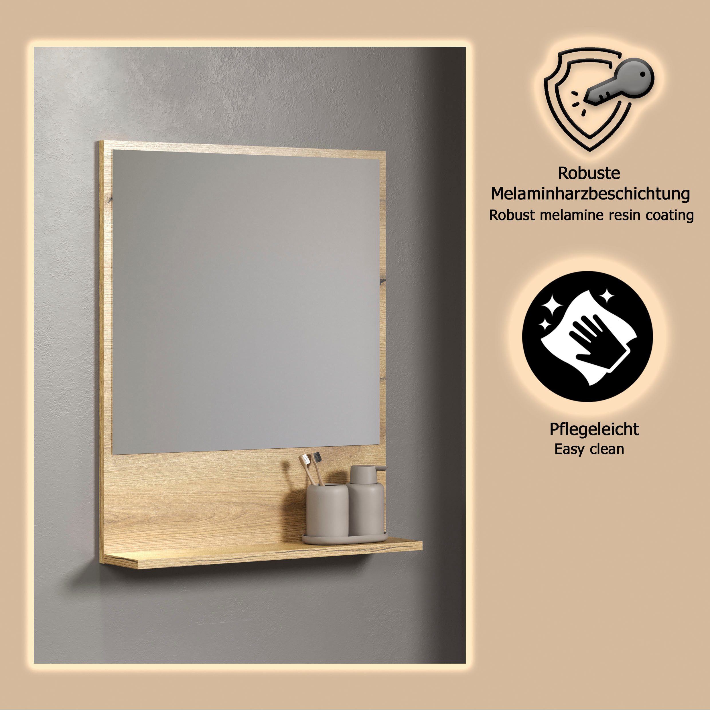 welltime Badspiegel Amrum, Wandspiegel mit Ablage - (B/T/H) wahlweise 60 bis 80/14/74 cm