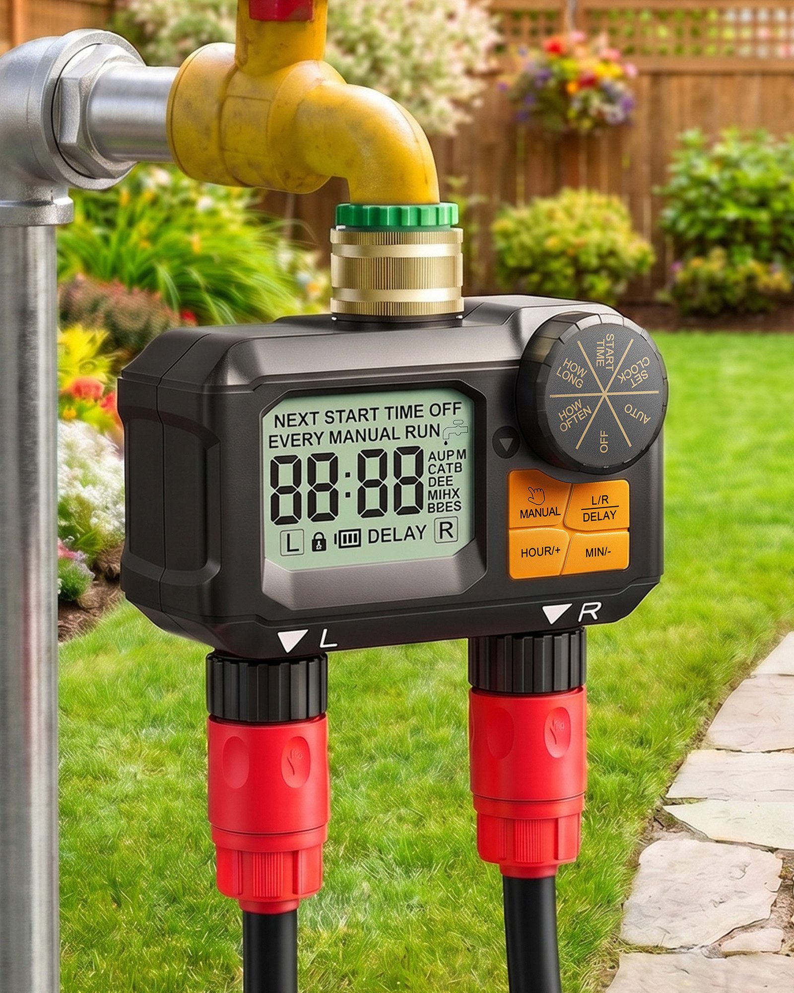 DEWENWILS Bewässerungscomputer 2 Ausgänge, Bewässerungssteuerung für Garten Balkon Terrasse, Automatisch/Manueller Modus, Regenverzögerung