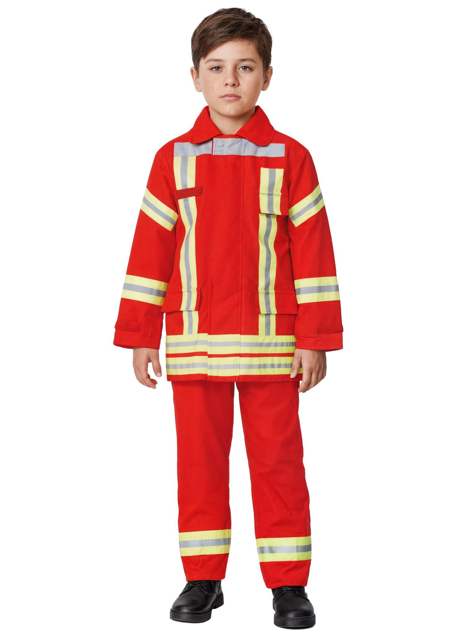 Maskworld Kostüm Feuerwehrmann rot Karneval Faschingskostüm Kinder, Rote Kinder-Uniform mit Aufdruck 'Feuerwehr'