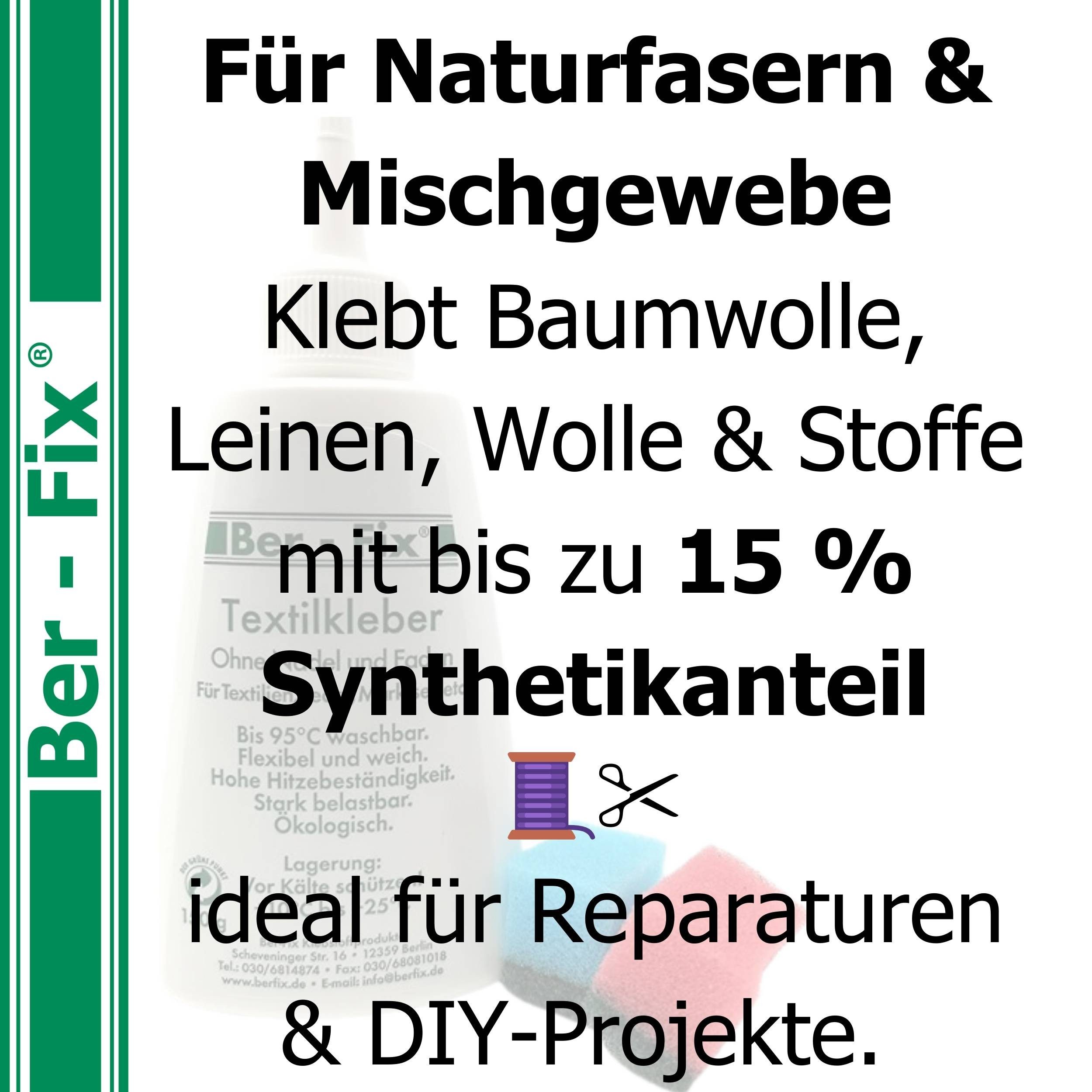 Ber-Fix Textilkleber,Stoffkleber Set mit 12 Mini-Schwämme, (Set), einfach anzuwenden, waschbar bis 95 °C, stark aber flexibel