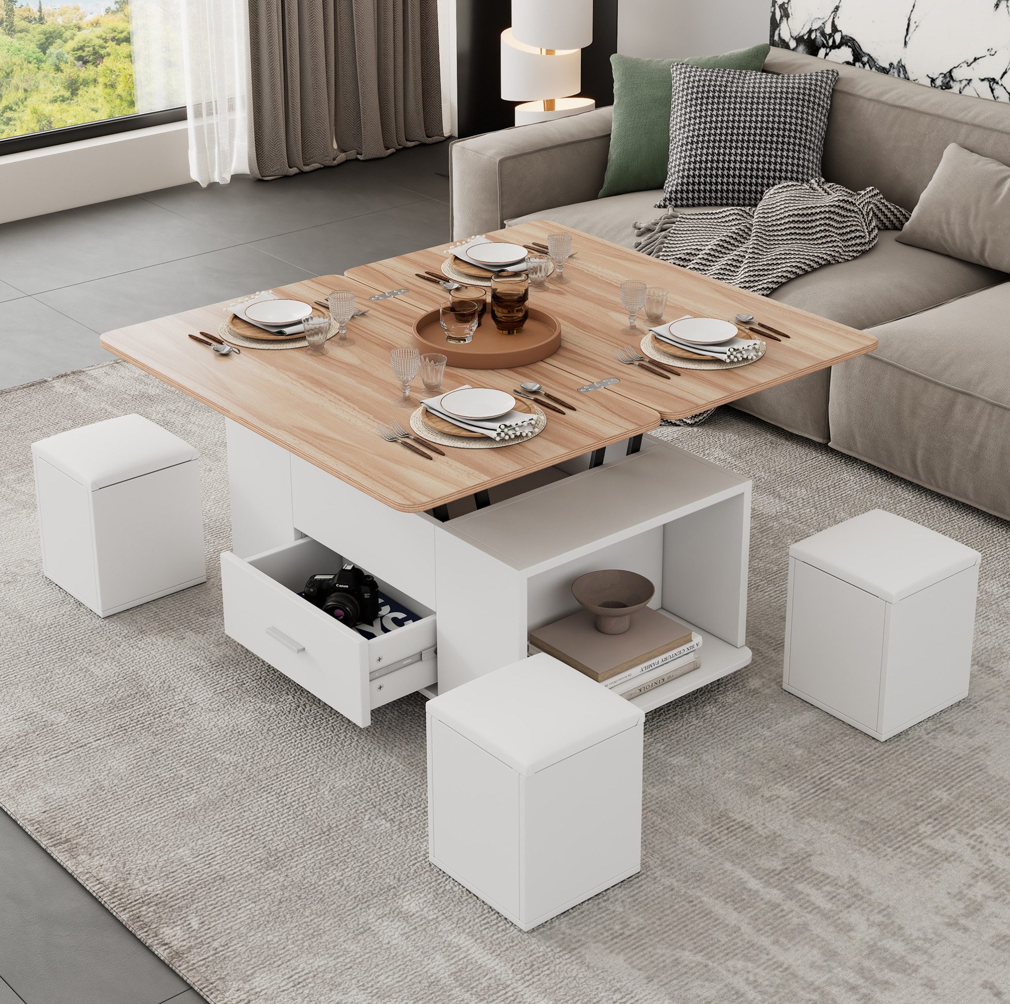 REDOM Couchtisch Design-Tisch – 4-in-1, höhenverstellbar & 4 Hocker (Packung, 1-St., Weiß+Natur, 100×45×50 cm, für moderne Räume), ausziehbar, Rollen, versteckter Stauraum