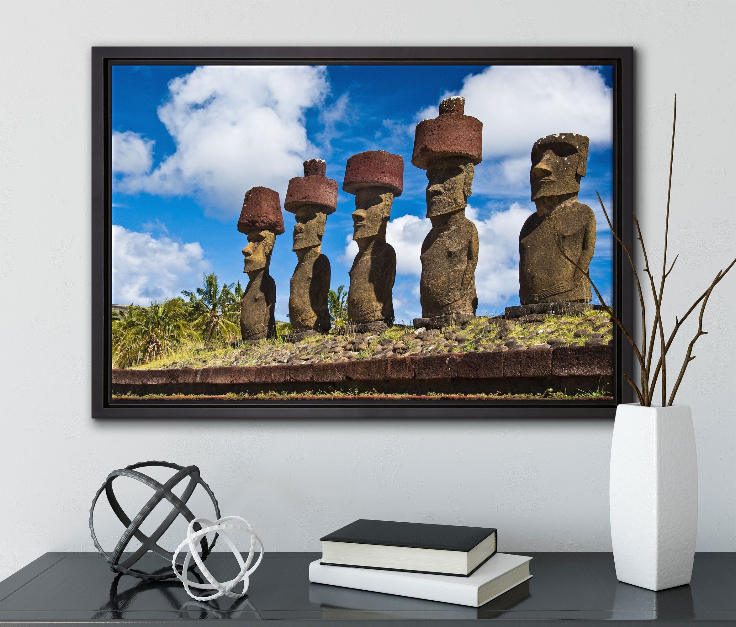 Pixxprint Leinwandbild Moai Leinwandbild Wanddekoration bespannt, Schattenfugen-Bilderrahmen Osterinseln, in gefasst, Statuen Zackenaufhänger einem (1 St), fertig inkl
