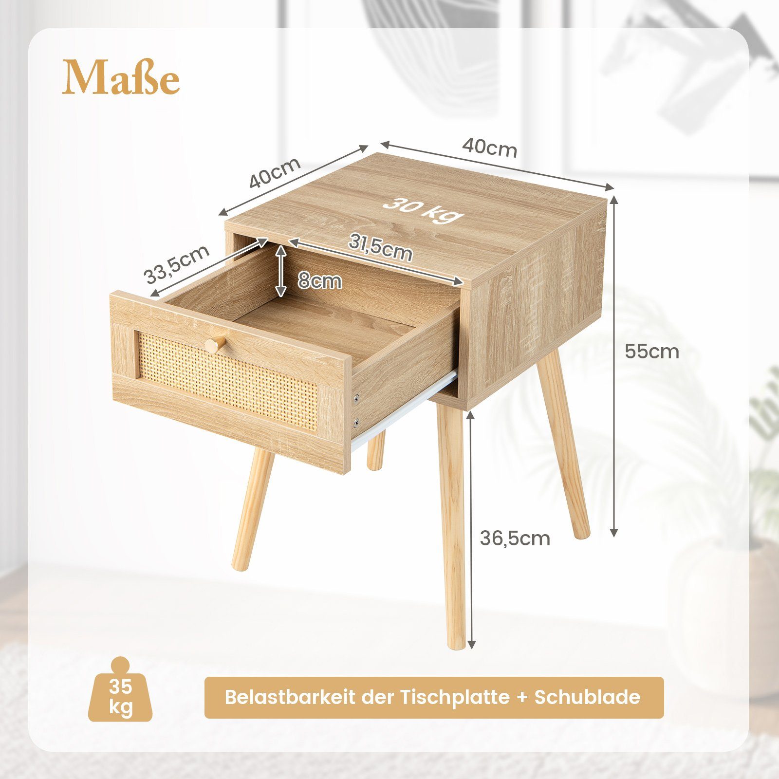 COSTWAY Nachttisch, mit und Rattan-Design, Schublade 40x40x55cm Eiche