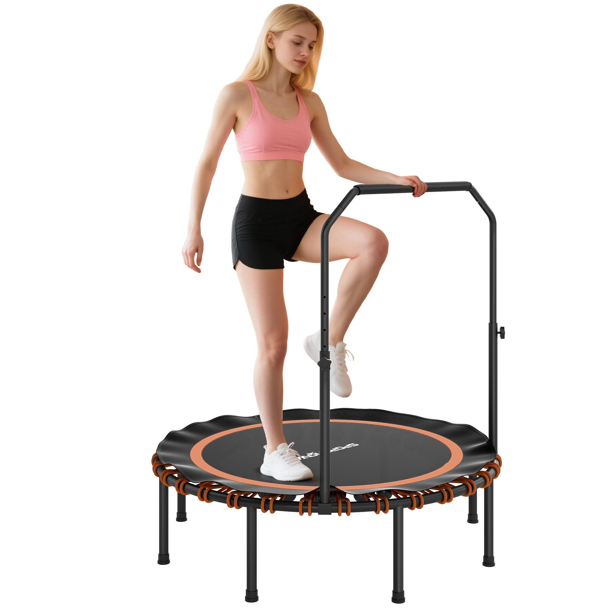 SPORTNOW Fitnesstrampolin mit verstellbarem Handlauf, Ø 122 cm, (Sport-Trampolin, 1 tlg., Fitness-Trampolin), Stahl, Kunststoff, Orange