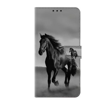 CLM-Tech Handytasche für Samsung Galaxy S24 Hülle Tasche aus Kunstleder Klapphülle (Pferd schwarz grau, Handyhülle Wallet Flip Case Cover Etui), Schutzhülle mit Standfunktion, Kartenfächer, und Magnetverschluss