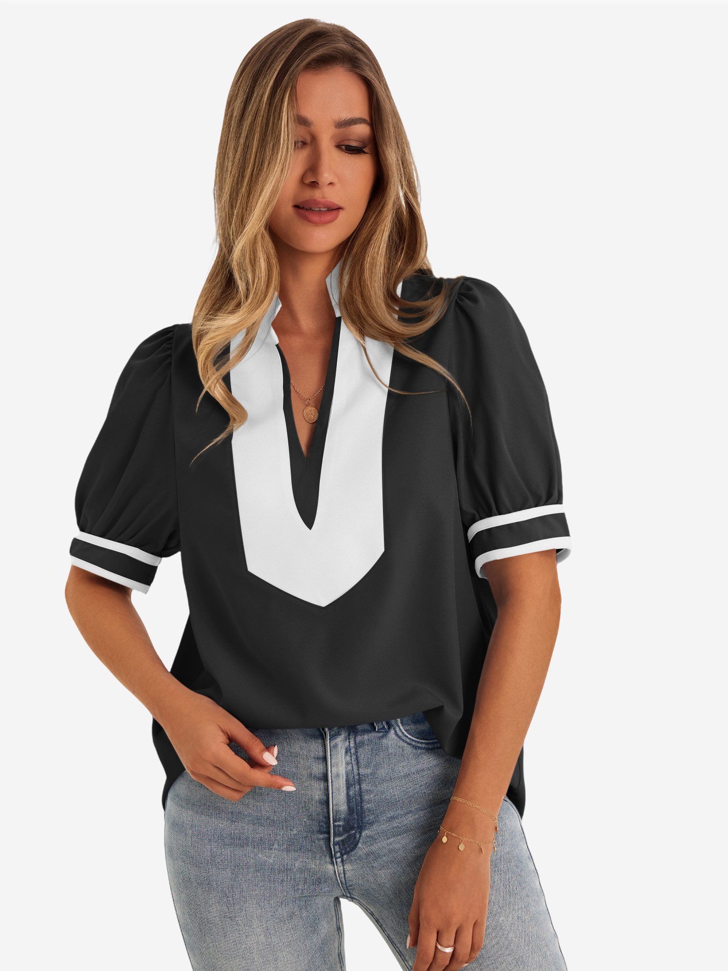 Imily Bela T-Shirt Damen Puffarmbluse mit V-Ausschnitt (Packung, 1-tlg., 1per-Pack) kontrastfarben – Bild 4 von 5