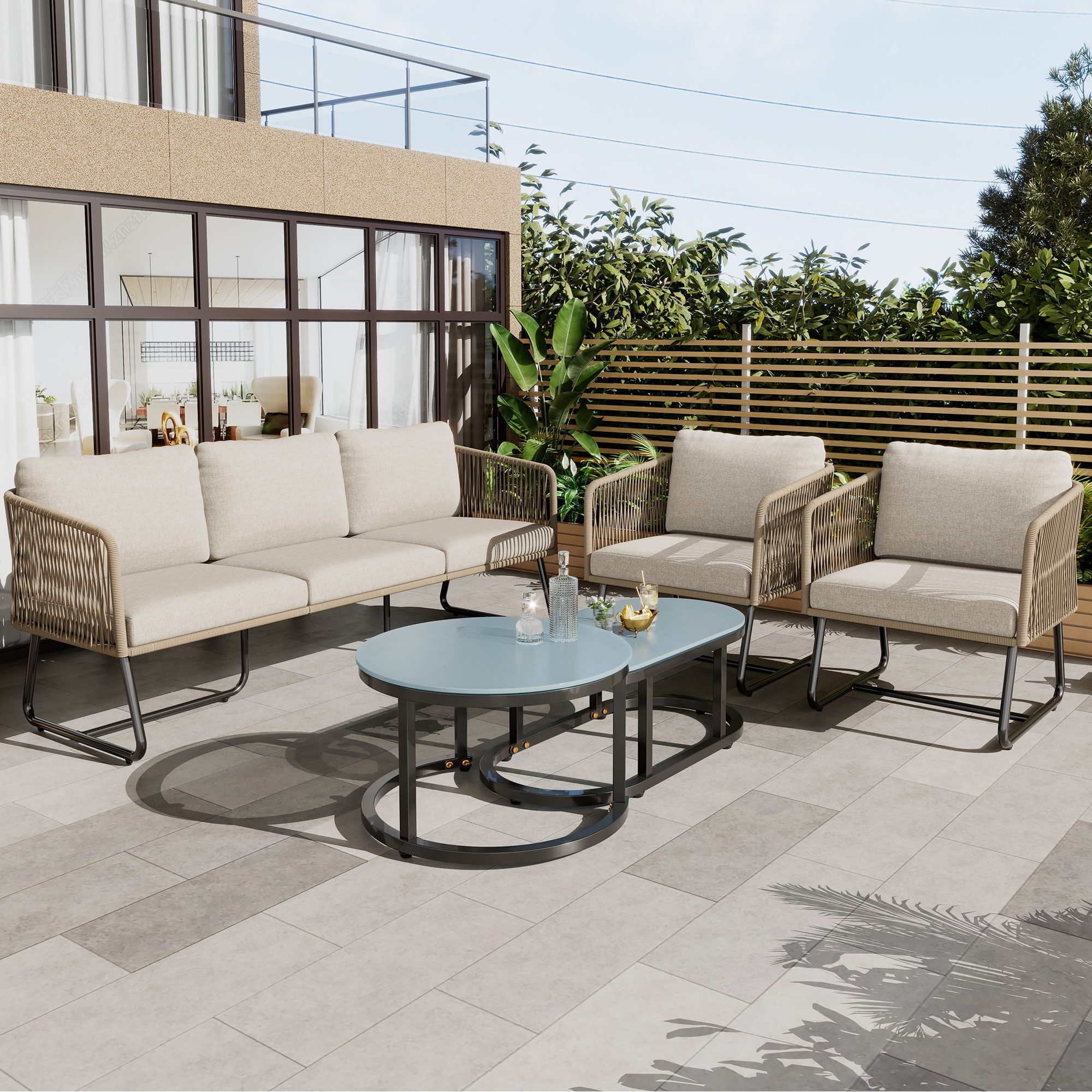 IDEASY Gartenlounge-Set Garten-Lounge-Set 5er-Set graues/Beige Seil, (Verzinkter Eisenrahmen, Glas-Tischplatte, verstellbare Füße), Gartenmöbel-Set mit Sitzkissen inkl. Rückenkissen, Outdoor-Möbel