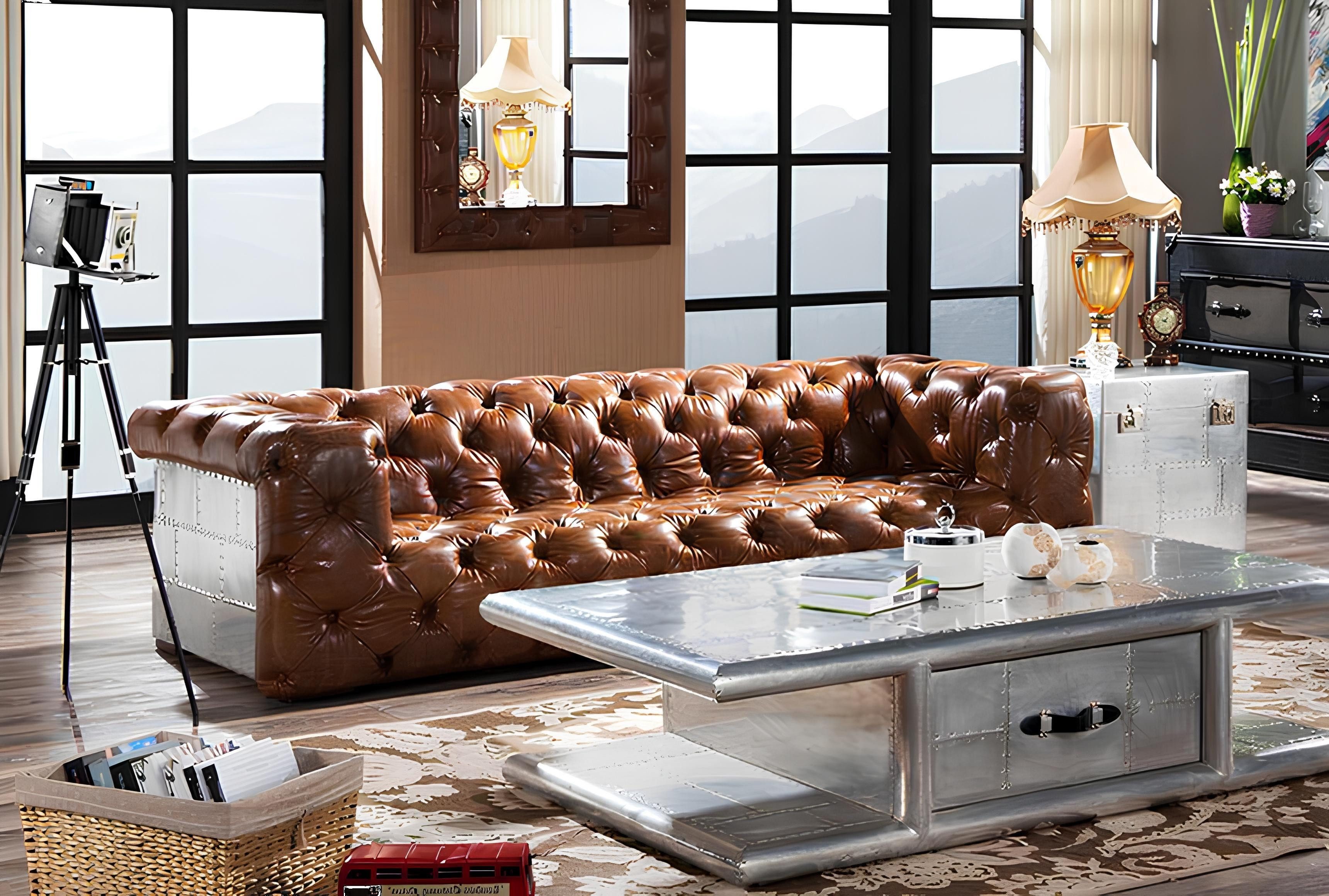 Xlmoebel Chesterfield-Sofa Vintage Ledersofa mit Aluminiumbeinen in elegantem Design, 1 Teile, Hergestellt in Europa