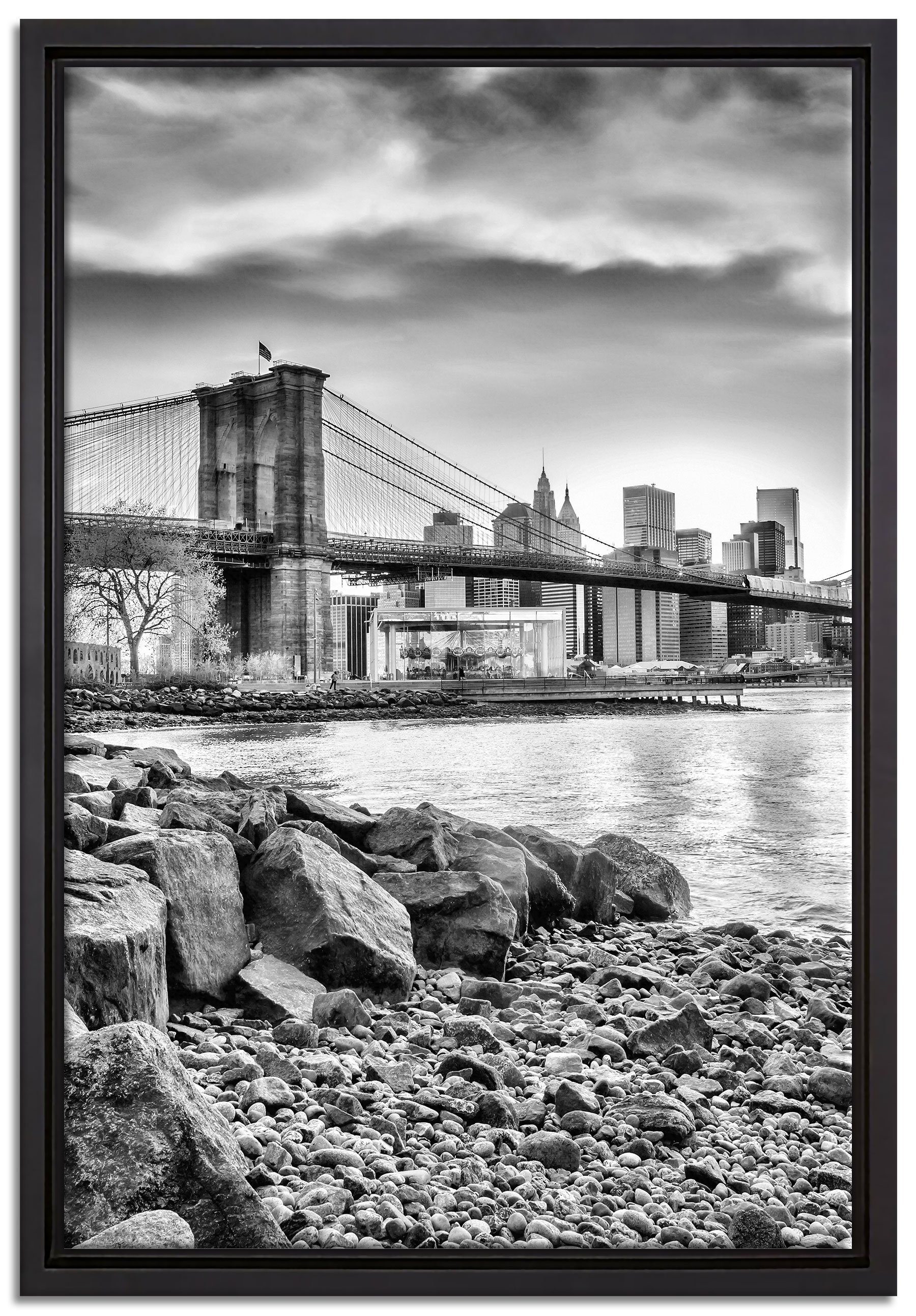 Pixxprint Leinwandbild Brooklyn Bridge, Wanddekoration (1 St), Leinwandbild fertig bespannt, in einem Schattenfugen-Bilderrahmen gefasst, inkl. Zackenaufhänger