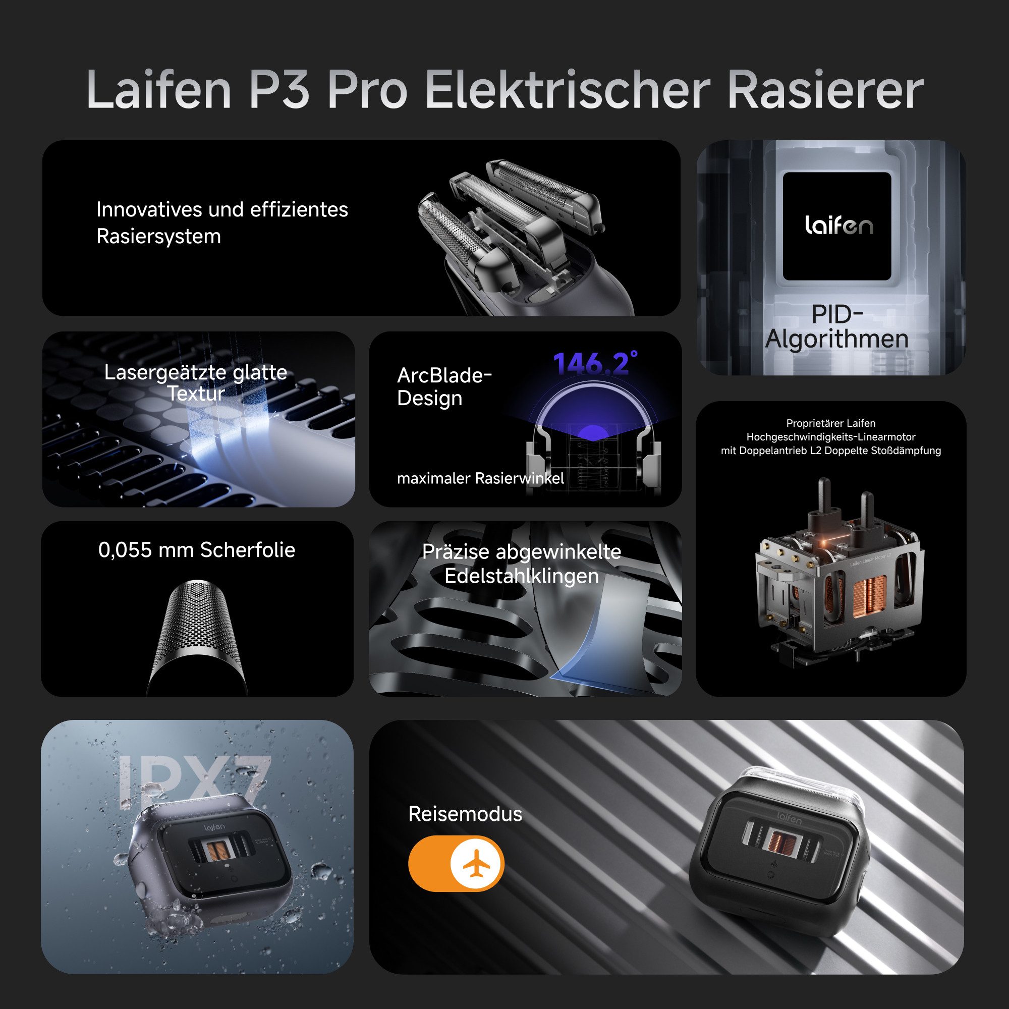 laifen Elektrorasierer LAIFEN P3 Pro Rasierer Aluminum, Aufsätze: 3