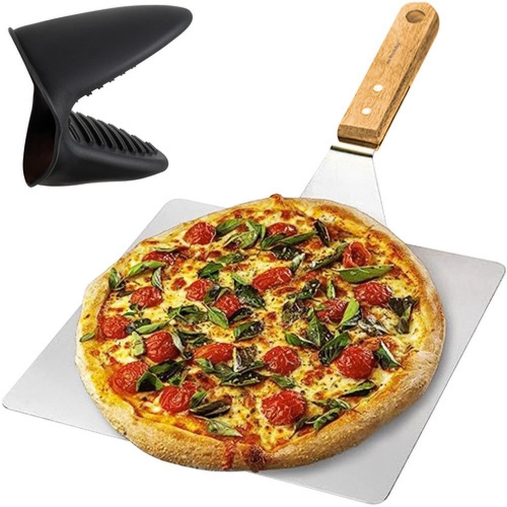 Ruhhy Pizzablech Pizzaschaufel Stahlspatel Pizzaschieber, Edelstahl, (Spar-Set, 1-St., Silikongriff), Langer Holzgriff hält ausreichend Abstand zur Hitze