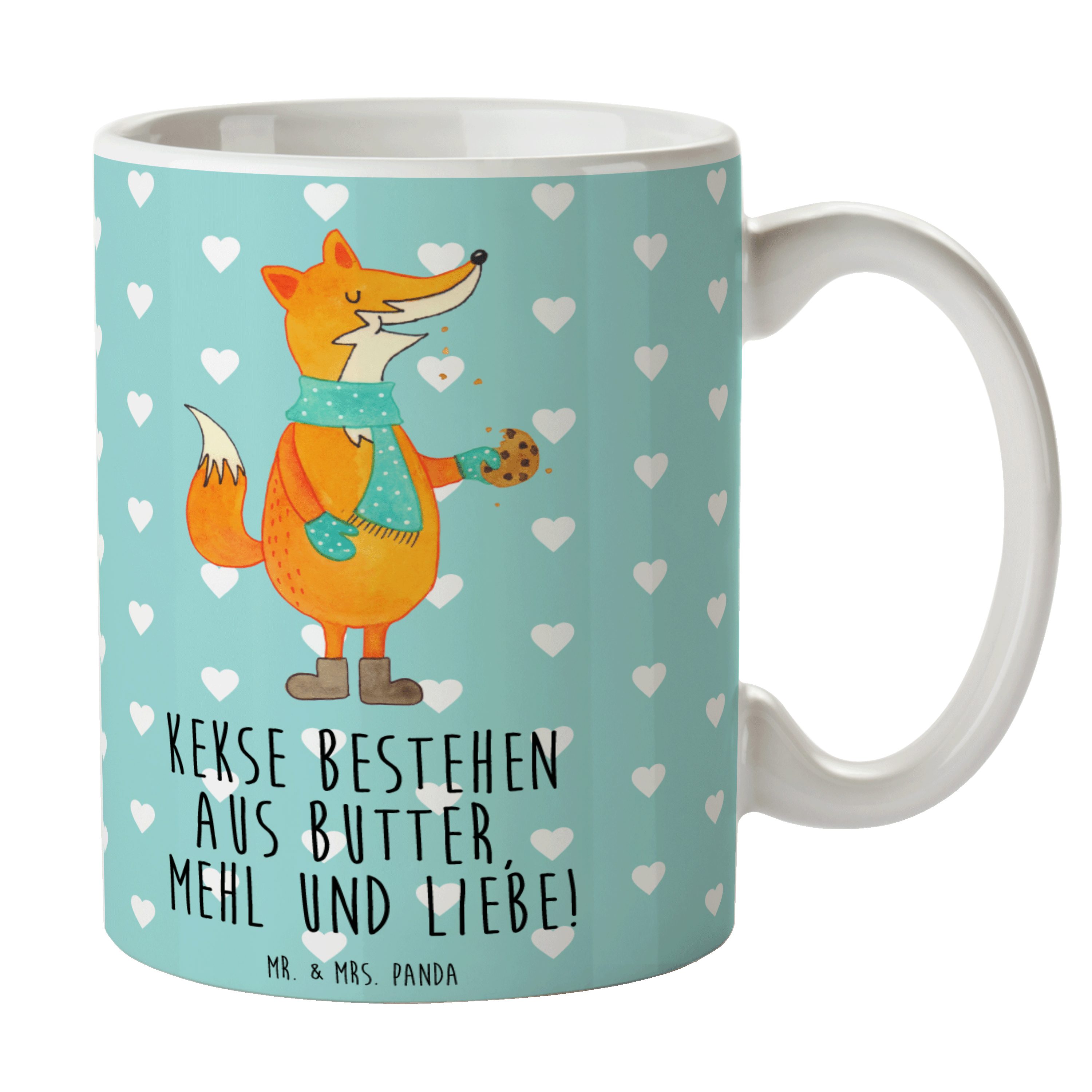 Mr. & Mrs. Panda Tasse Fuchs Keks - Türkis Pastell - Geschenk, Becher, Keramiktasse, Tasse M, Keramik