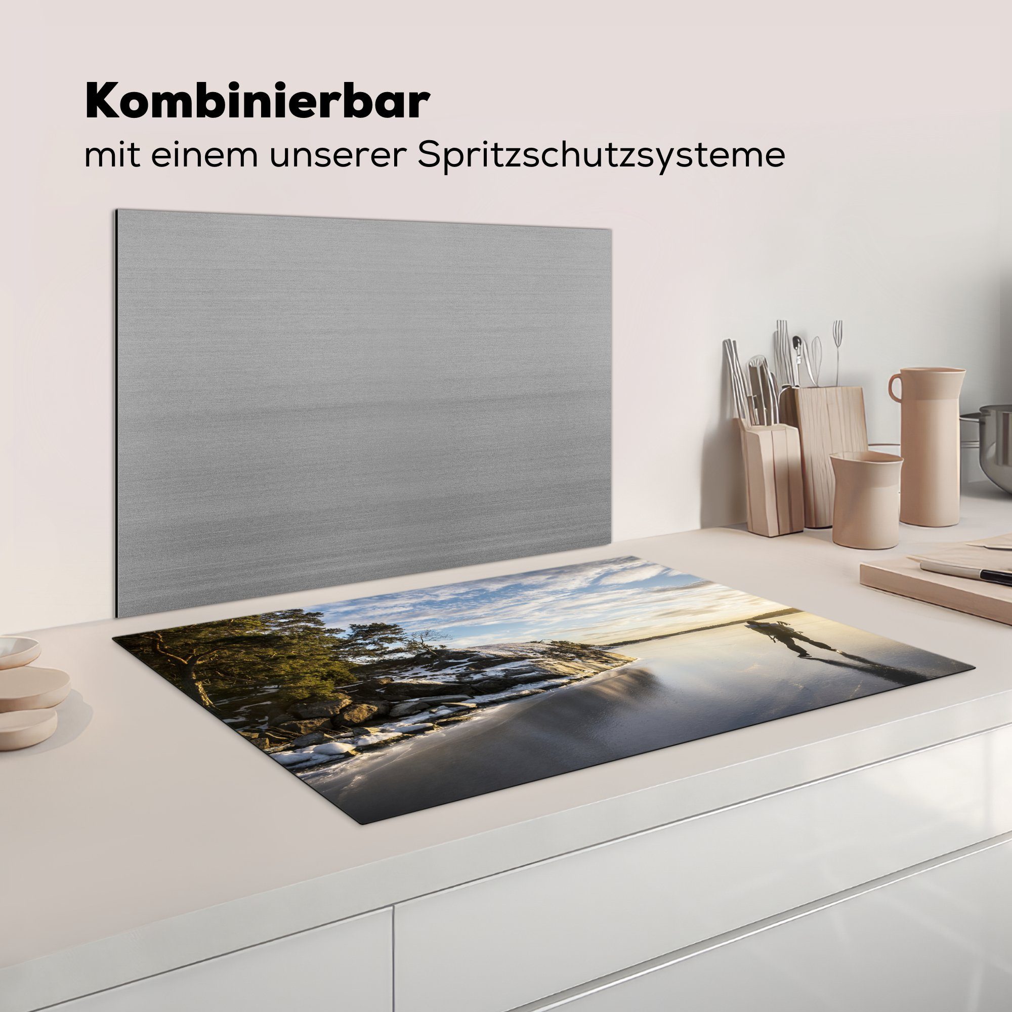 Schutz für Mann Ceranfeldabdeckung Ein Sonnenuntergang cm, Induktionskochfeld Vinyl, durch küche, bei tlg), 81x52 Landschaft, die fährt die Schlittschuh Herdblende-/Abdeckplatte MuchoWow (1