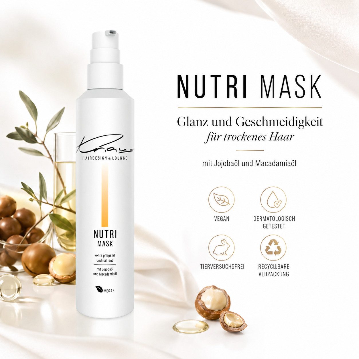 Knaus Hairdesign Haarmaske NUTRI Haarmaske für kräftiges und trockenes Haar Jojoba-Öl, Intensive Feuchtigkeitsmaske Jojoba- & Macadamiaöl