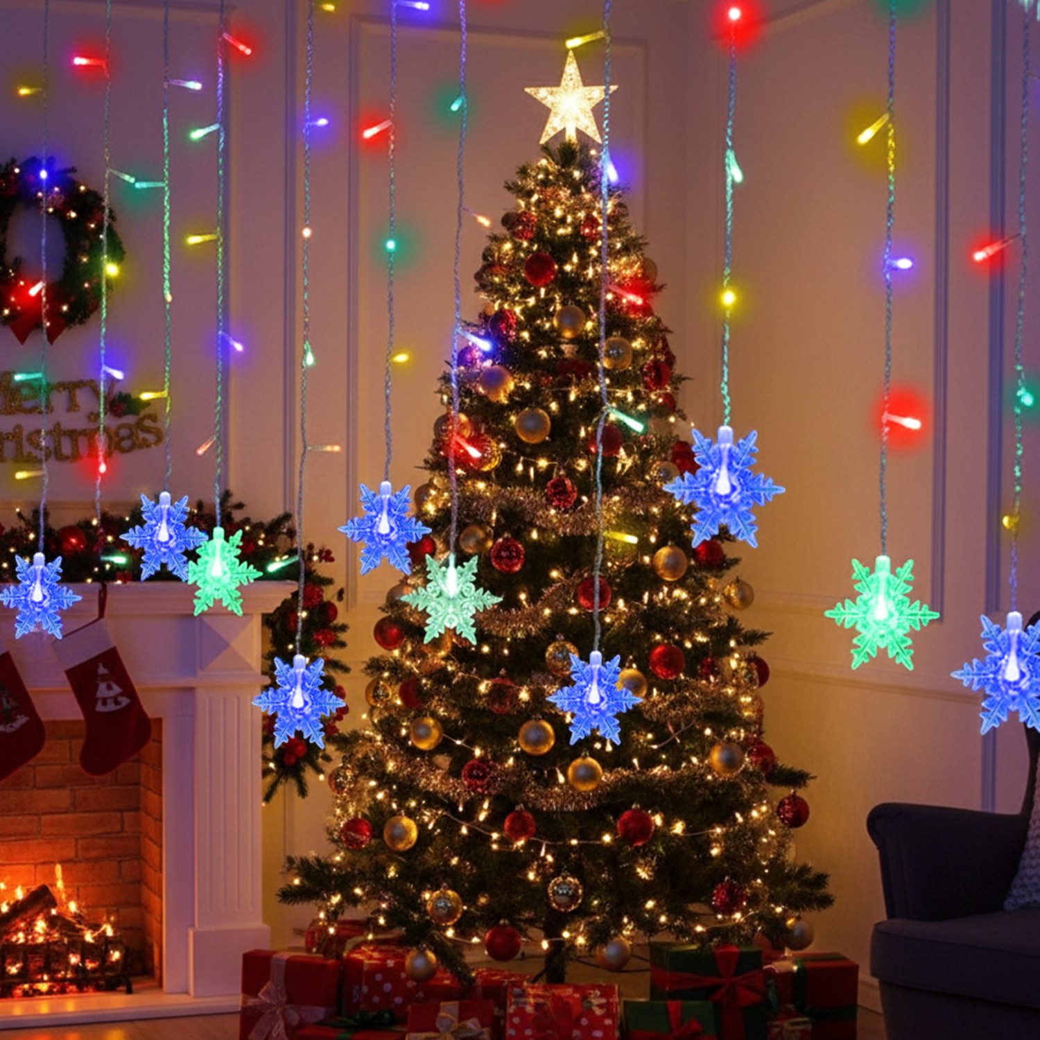 Merry 2024 LED-Lichterkette LED Lichtervorhang Lichterketten,Schneeflocke LED Vorhang Lichter, 8 Modi, Speicherf,chneeflocken Lichterkette