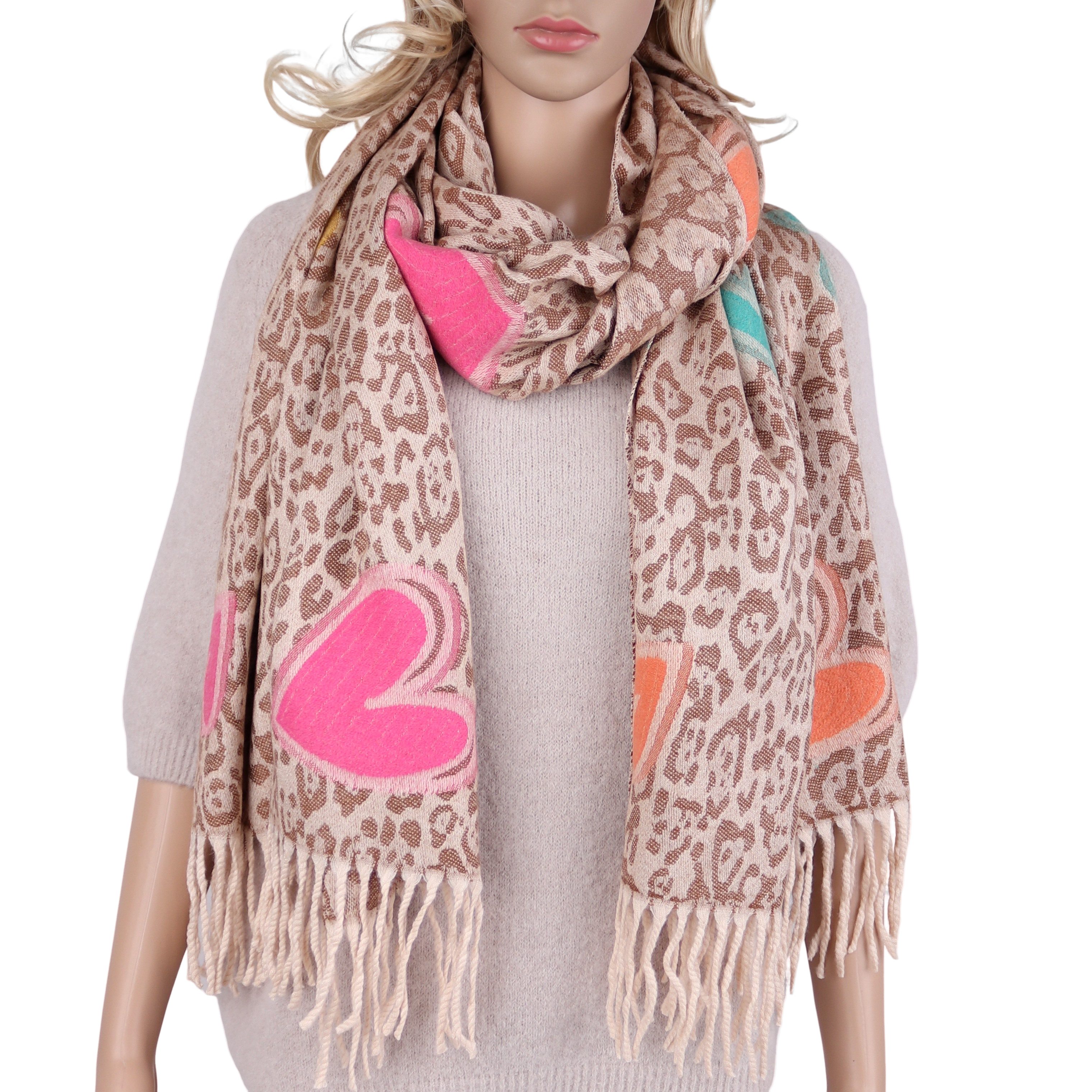 Modeschal weicher und warmer Schal Leo Herzen mit Fransen, 66 x180cm
