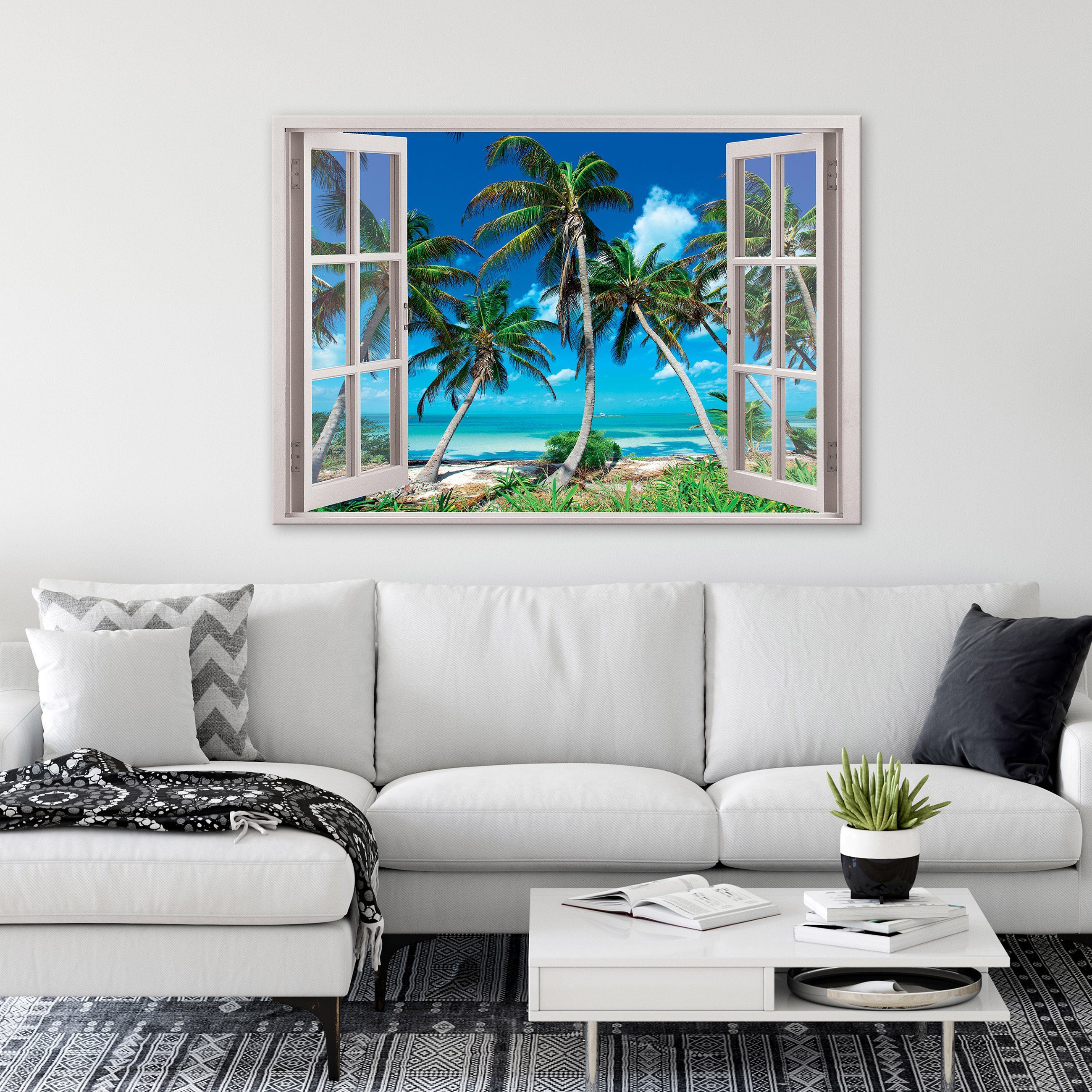 Auf Modern (Einteilig), Bild Tropische Strand Fensterblick Wohnzimmer Canvas Wallarena Wandbilder Aufhängefertig Fenster XXL Leinwandbilder Leinwandbild Schlafzimmer, für Wandbild Groß Leinwand Kunstdruck Bilder Palmen