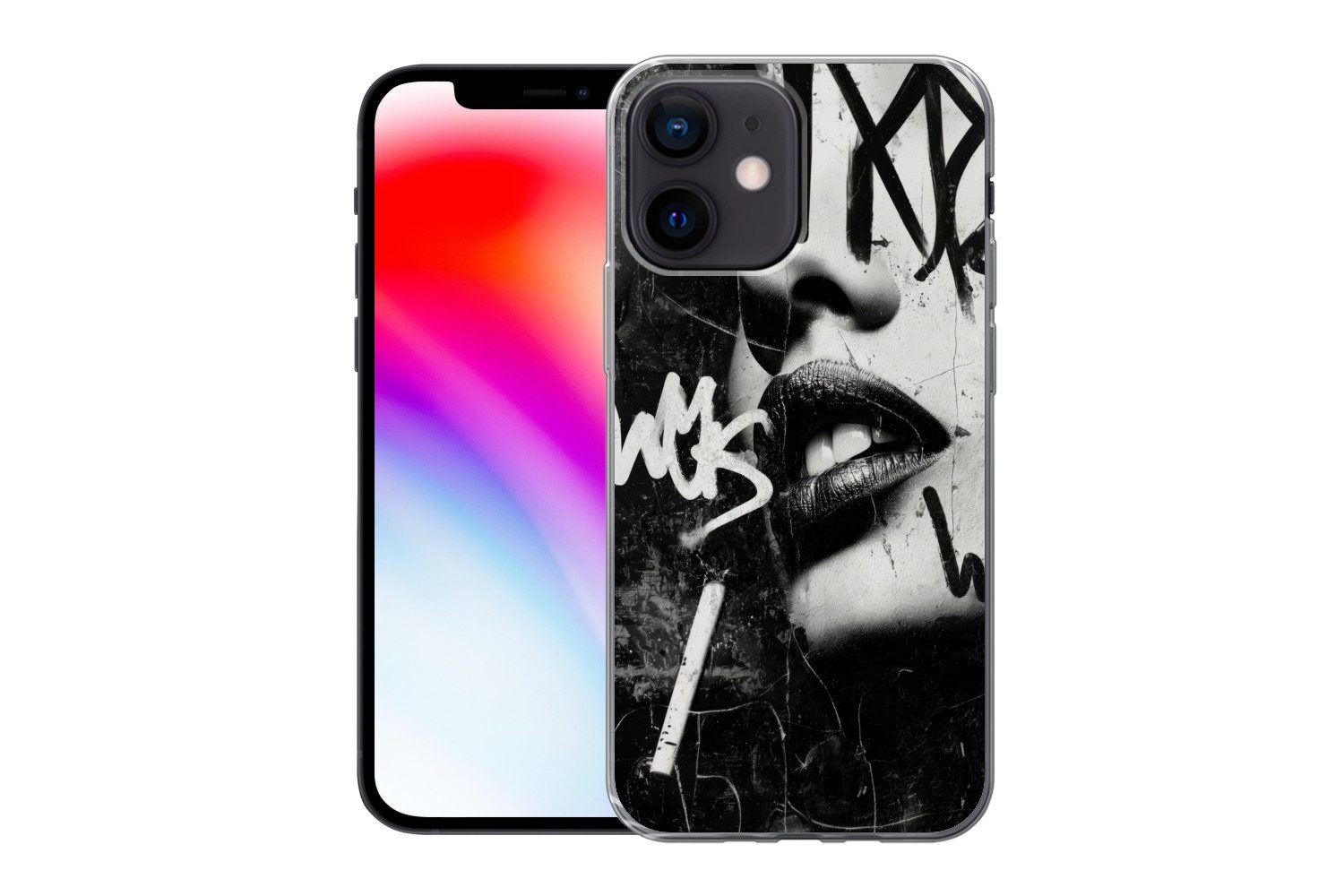MuchoWow Handyhülle für Apple iPhone 12 Mini Gesicht - Mund - Graffiti - Schwarz, Smartphone-Bumper, Print, Handy Schutzhülle Dünn