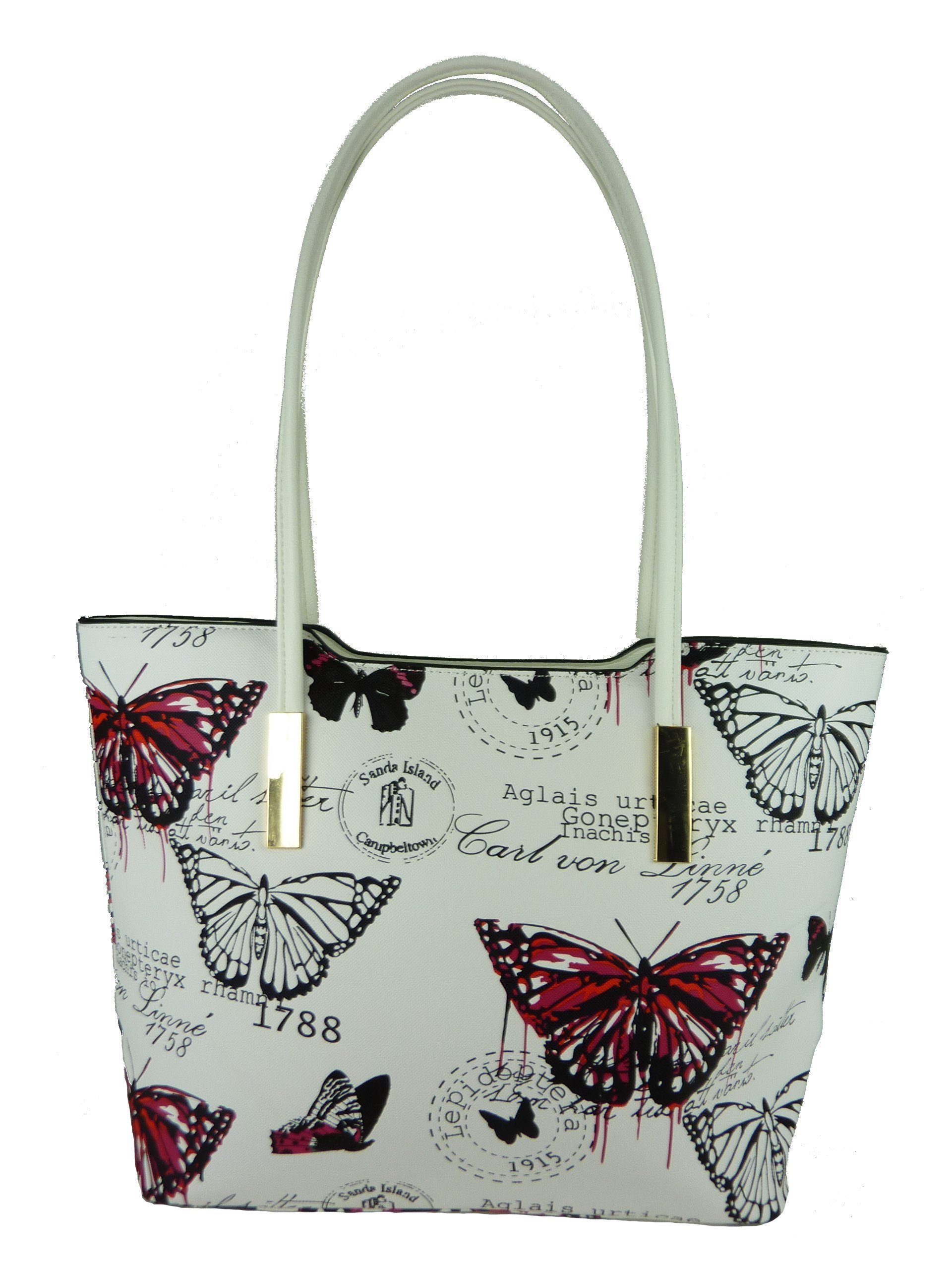 große Damen Taschen4life lange Sommertasche mehrfarbig Schmetterling Shopper im Henkel Stil, retro fuchsia Henkeltasche Motive, 1803, Vintage Butterfly
