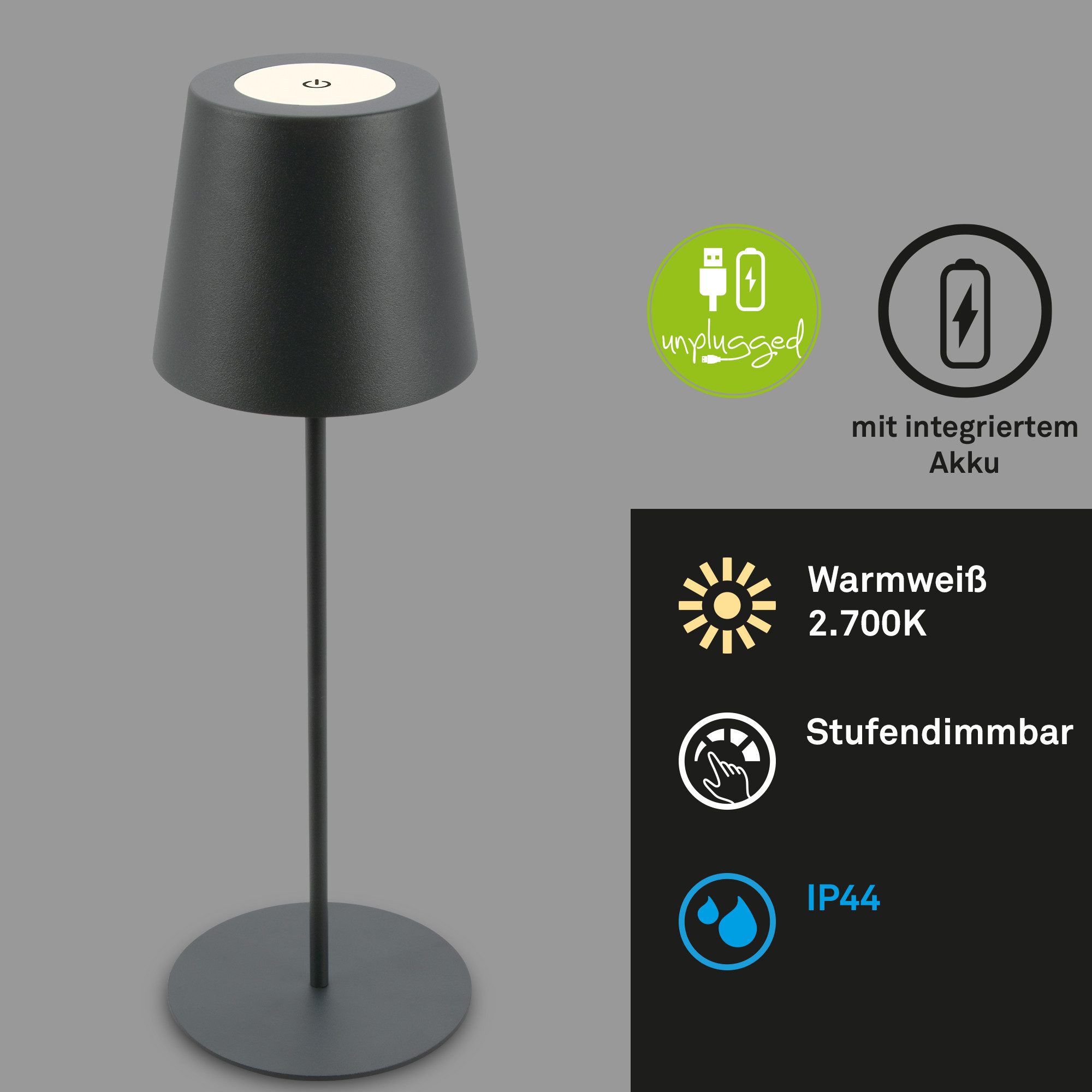 Briloner Leuchten Tischleuchte 2er Set LED Tischlampe kabellos, anthrazit, 2er Set LED Tischlampe kabellos 36x10,5 cm Anthrazit – Bild 3 von 5
