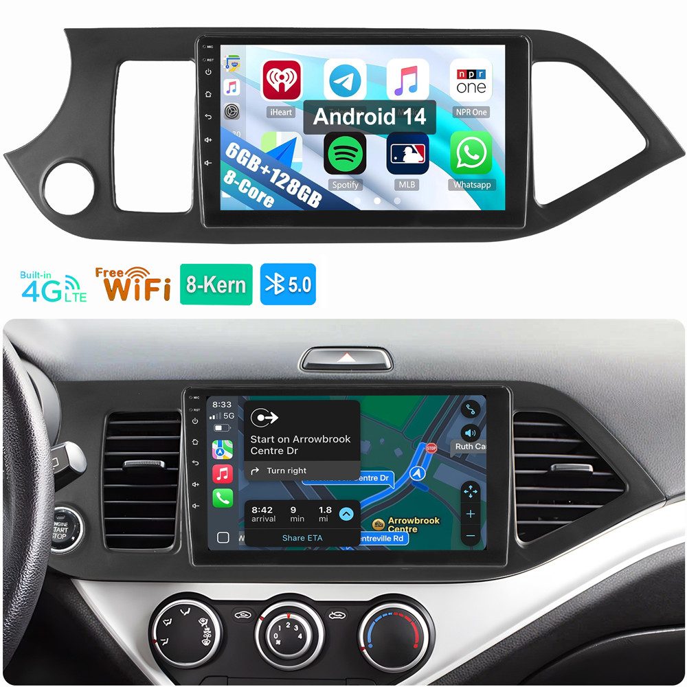 ESSGOO Für KIA PICANTO 2011-2016 6+128GB 8-Kern Carplay GPS RDS Autoradio (RDS, Digitalradio (DAB), FM, AM, Apple Carplay Android Auto GPS Navi WIFI BT SWC)