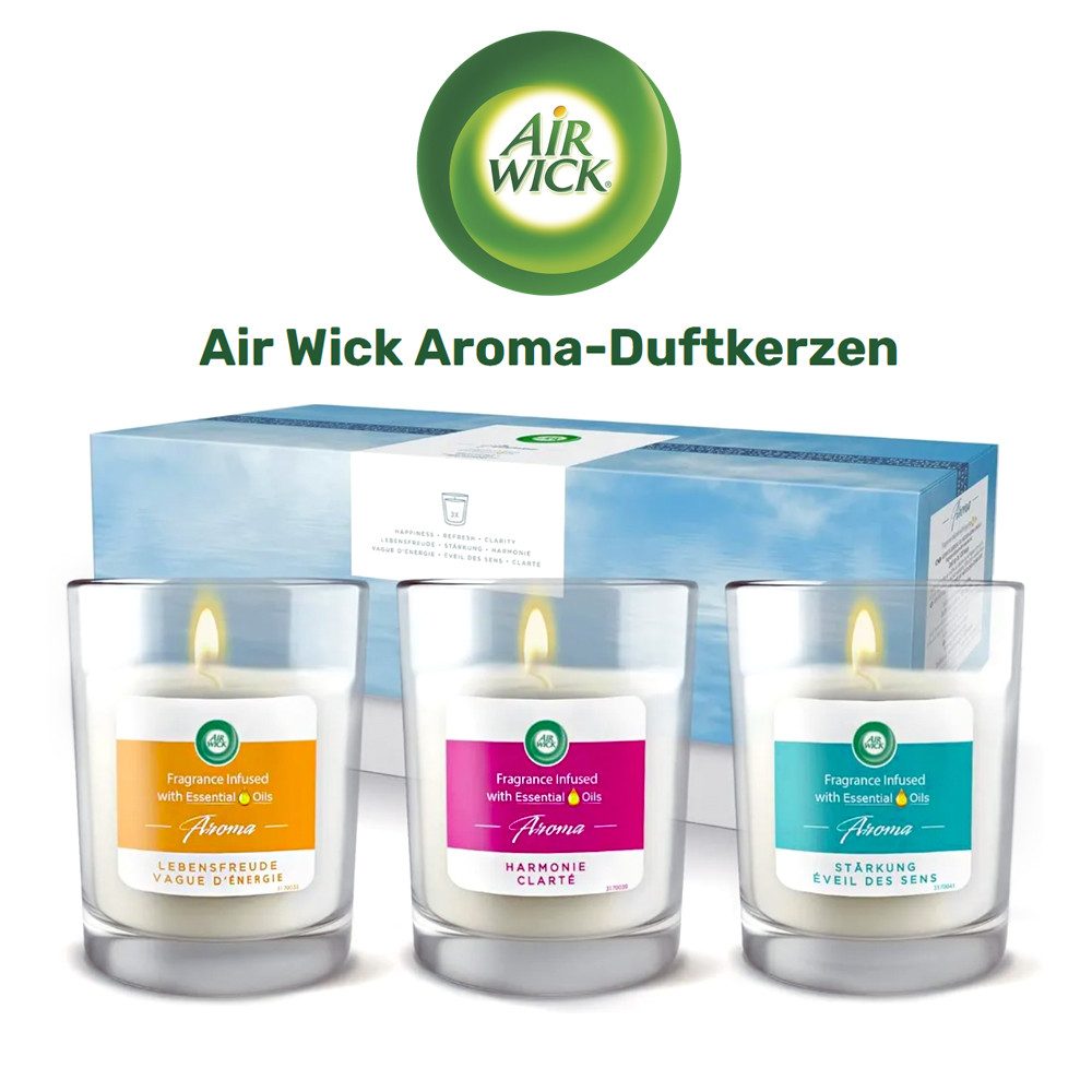 Air Wick Duftkerze Air Wick Aroma-Duftkerzen Premium-Set mit 3 Kerzen im Glas, 3x 220 g