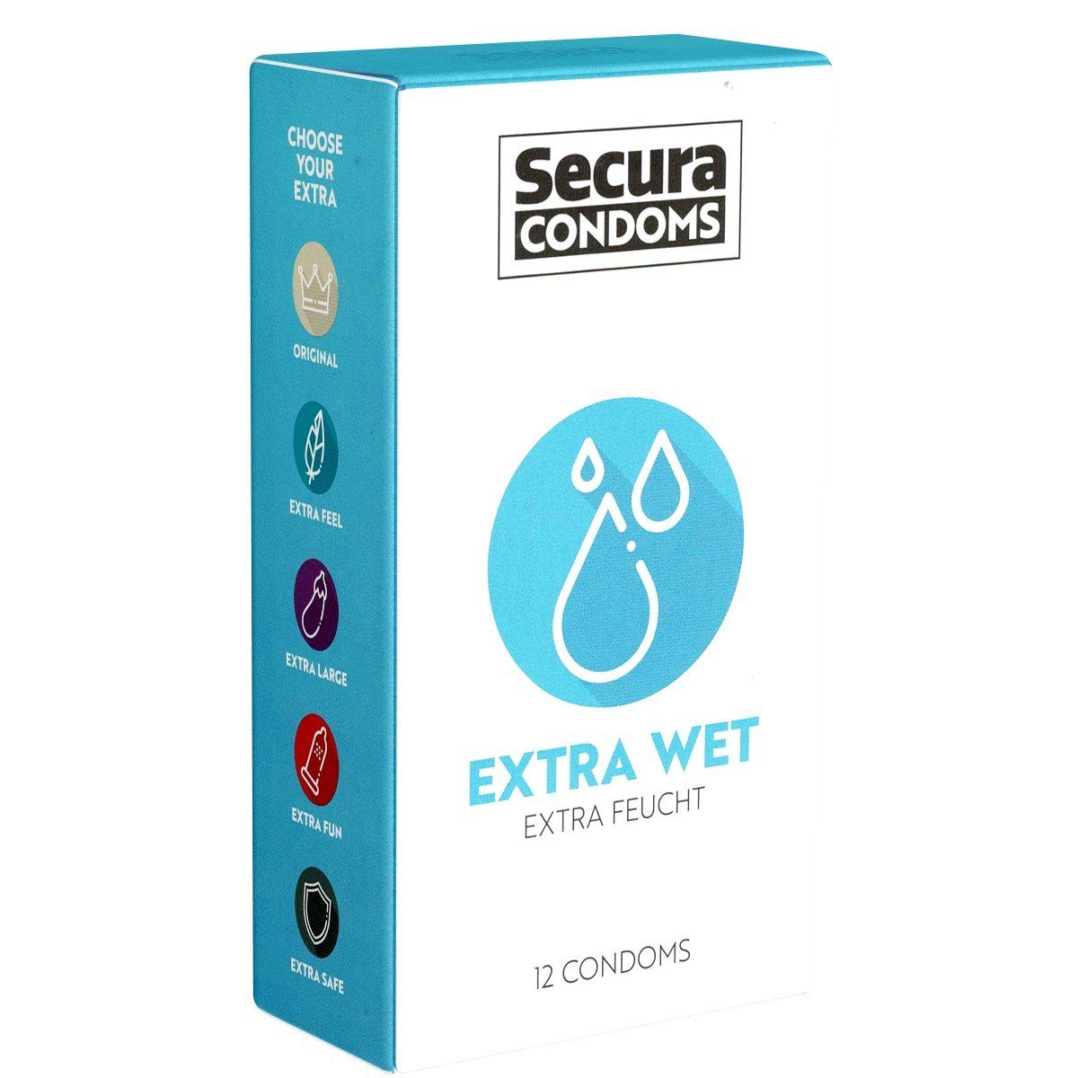 Secura Kondome Extra Wet Packung mit, 12 St., Kondome mit extra viel Feuchtbeschichtung, extra feuchte Kondome für lang anhaltenden Spaß