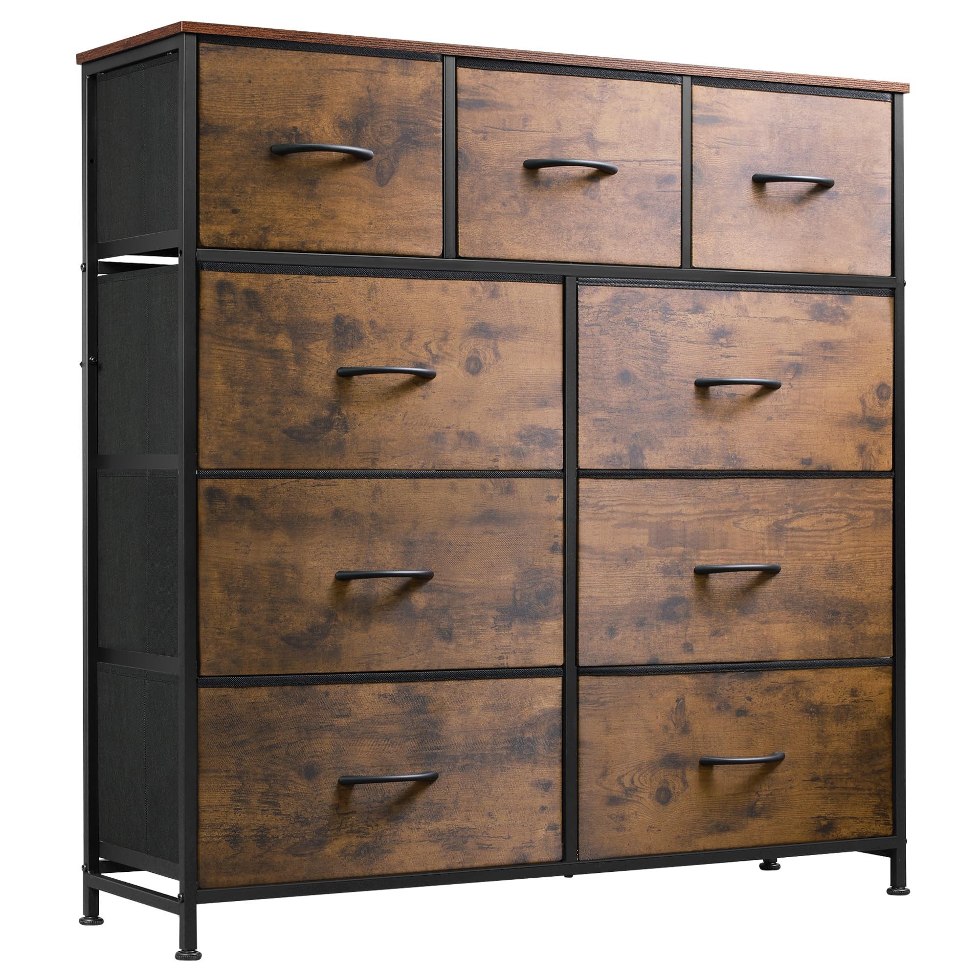WLIVE Kommode kleiderschrank, 9 Schubladen mit Griffen, (Stauraumschrank Kommode mit Stoffschubladen), Modernes Sideboard, 100 × 30 × 102 cm, Vintagebraun-Schwarz