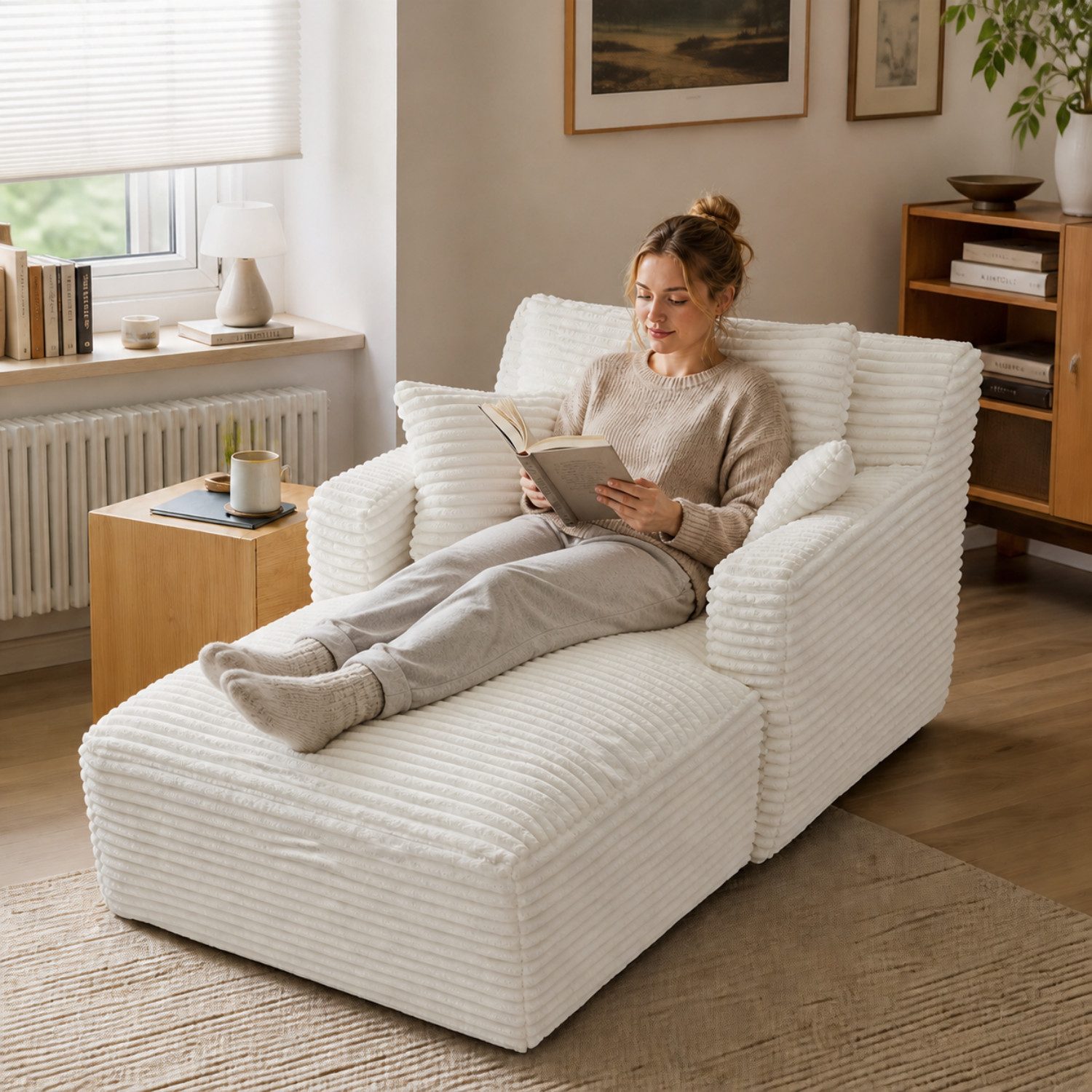 ANYSUN Loungesofa Modernes Chaiselongue-Sofa,Cord-Schlafsofa, 2 Kissen,Relaxsessel Cord, ohne Montage mit Taschenfederkern & Schaumstoffpolsterung,Loungesofa, Lesesessel bequem, fur Wohnzimmer, Büro & Wohnung,Apartment