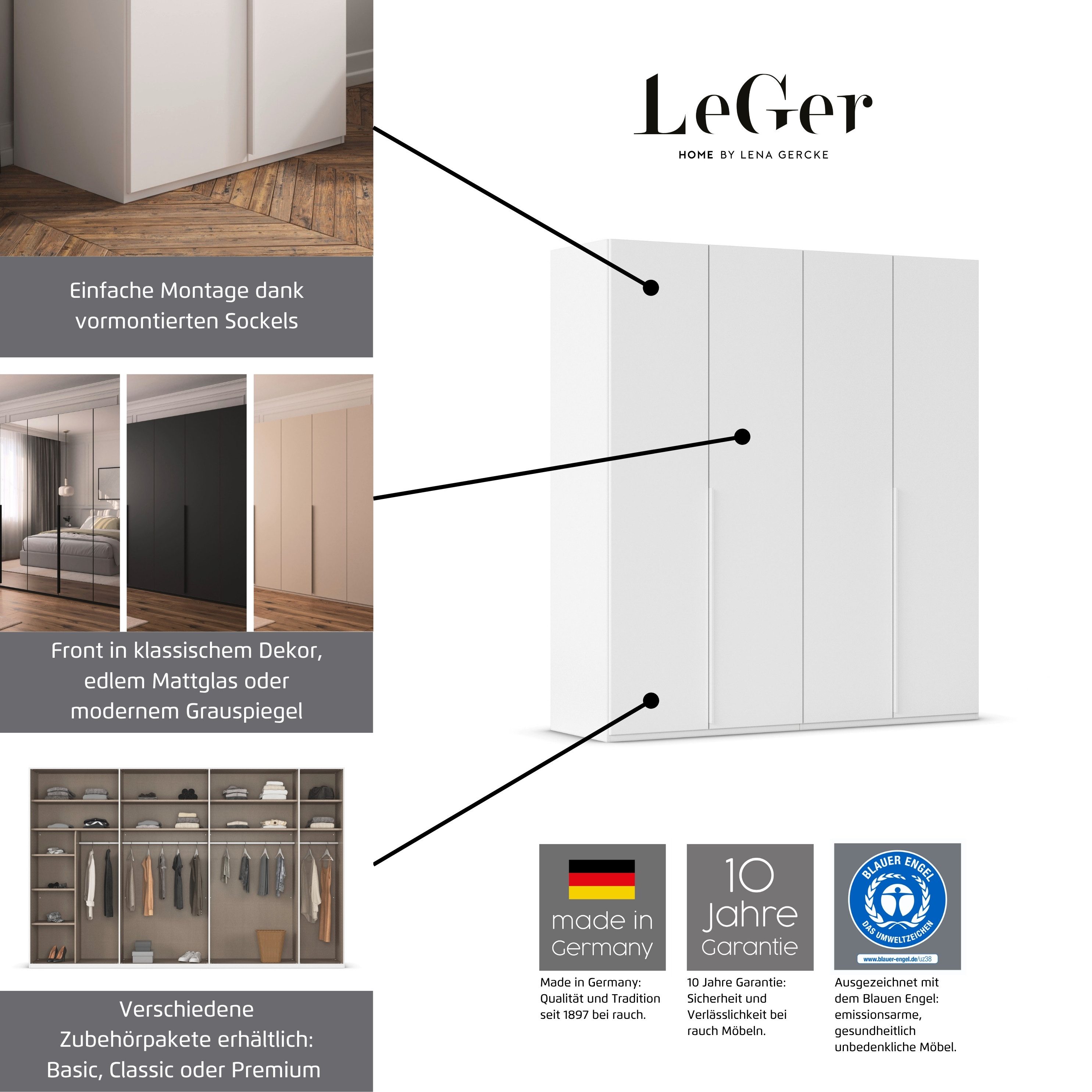 LeGer Home by Lena Gercke Kleiderschrank Schrank Garderobe Ankleide Schlafzimmer Flur SERINA Eyecatcher (3 verschiedene Ausstattungen BASIC/CLASSIC/PREMIUM (inkl. SOFT-CLOSE) in 6 Breiten (101 - 401 cm) mit Front Glas oder Dekor MADE IN GERMANY