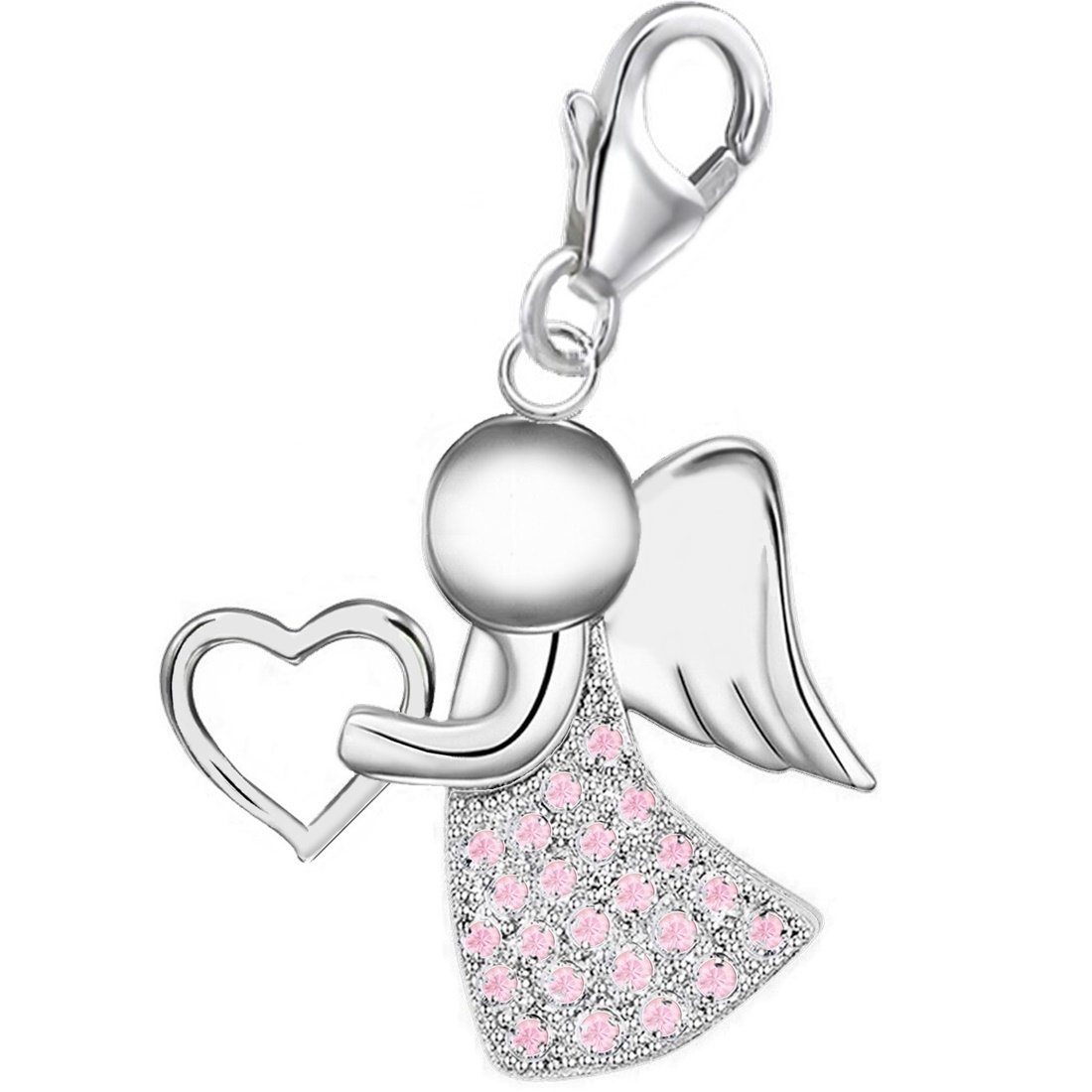 Goldene Hufeisen Charm Engel Engel Rosa Zirkonia Karabiner Charm Anhänger 925 Silber Schutzengel (1 Stück, inkl Etui), rhodiniert