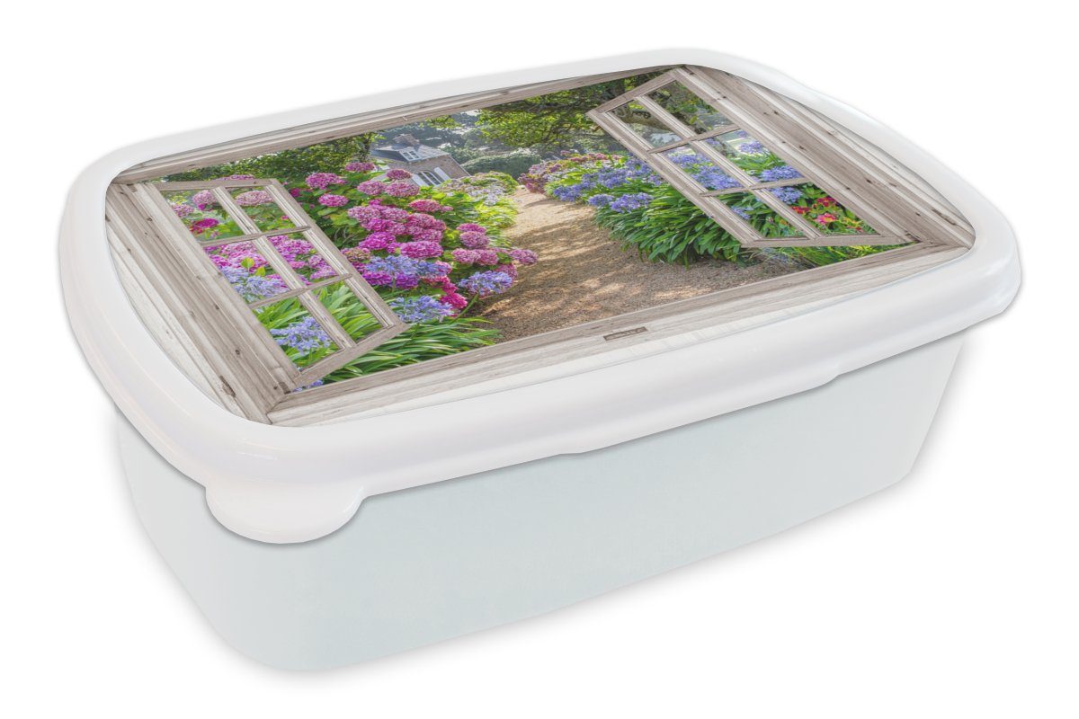 MuchoWow Lunchbox Hortensie - Durchsichtig - Blumen - Sommer - Lila - Weg, Kunststoff, (2-tlg), Brotbox für Kinder und Erwachsene, Brotdose, für Jungs und Mädchen weiß