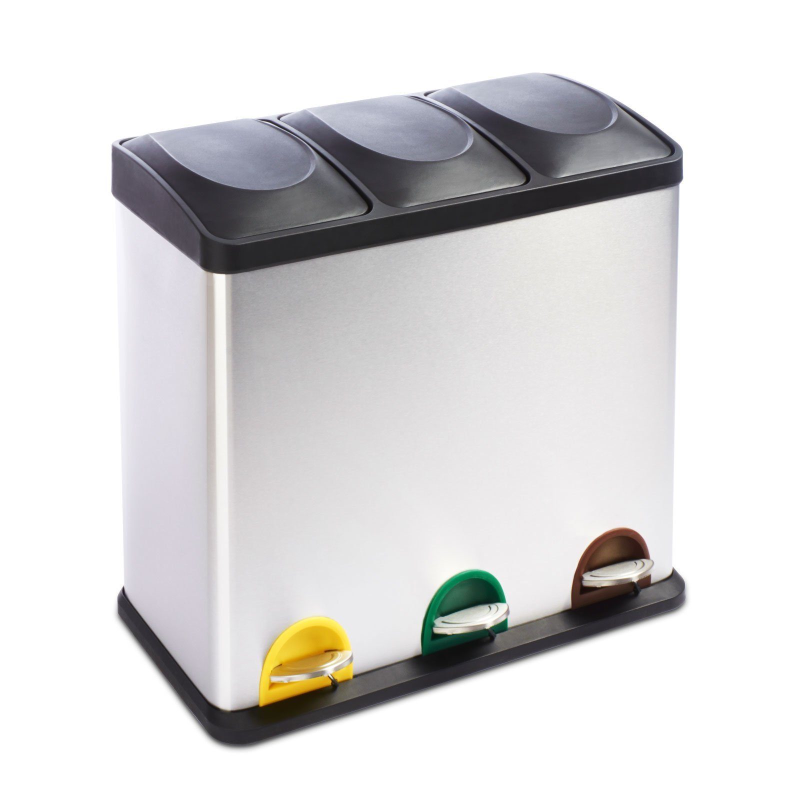 Floordirekt Mülleimer Küche, Trennsystem Brandon mit 3 Fächer, Edelstahl Abfalleimer, Farbmarkierungen für Mülltrennung - 3x 18 Liter – 54 Liter