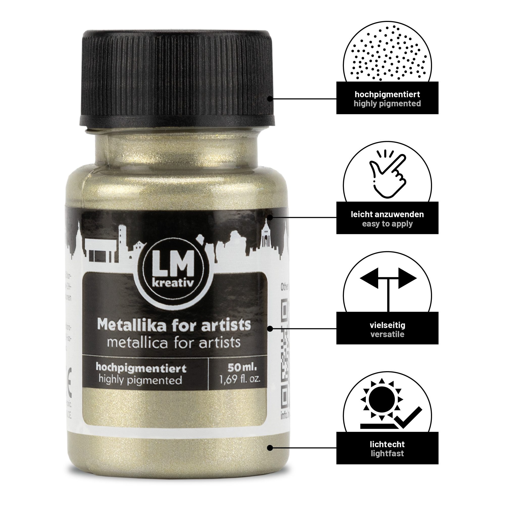 LM-Kreativ Bastelfarbe Metallika for Artists, hochpigmentiert, lichtecht, wasserfest, schnelltrocknend