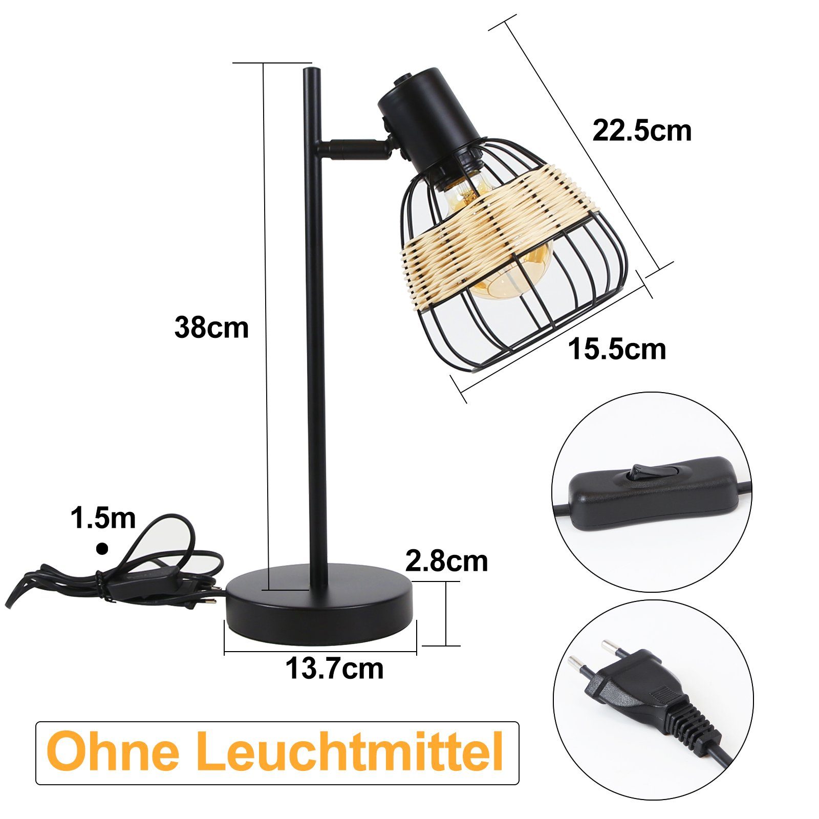 Nachttischlampe wechselbar Rattan LED Schwarz E27 schwenkbarer, Tischleuchte Bambus Lampenschirm Nettlife