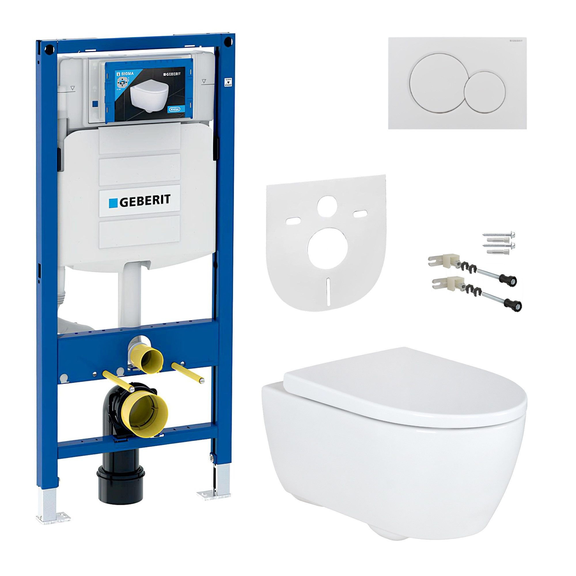 GEBERIT WC-Komplettset mit Duroplast Sitz, Betätigungsplatte, Rimfree WC & Schallschutz, wandmontage, Vorwandelement UP320, mit QuickRelease & EasyMount