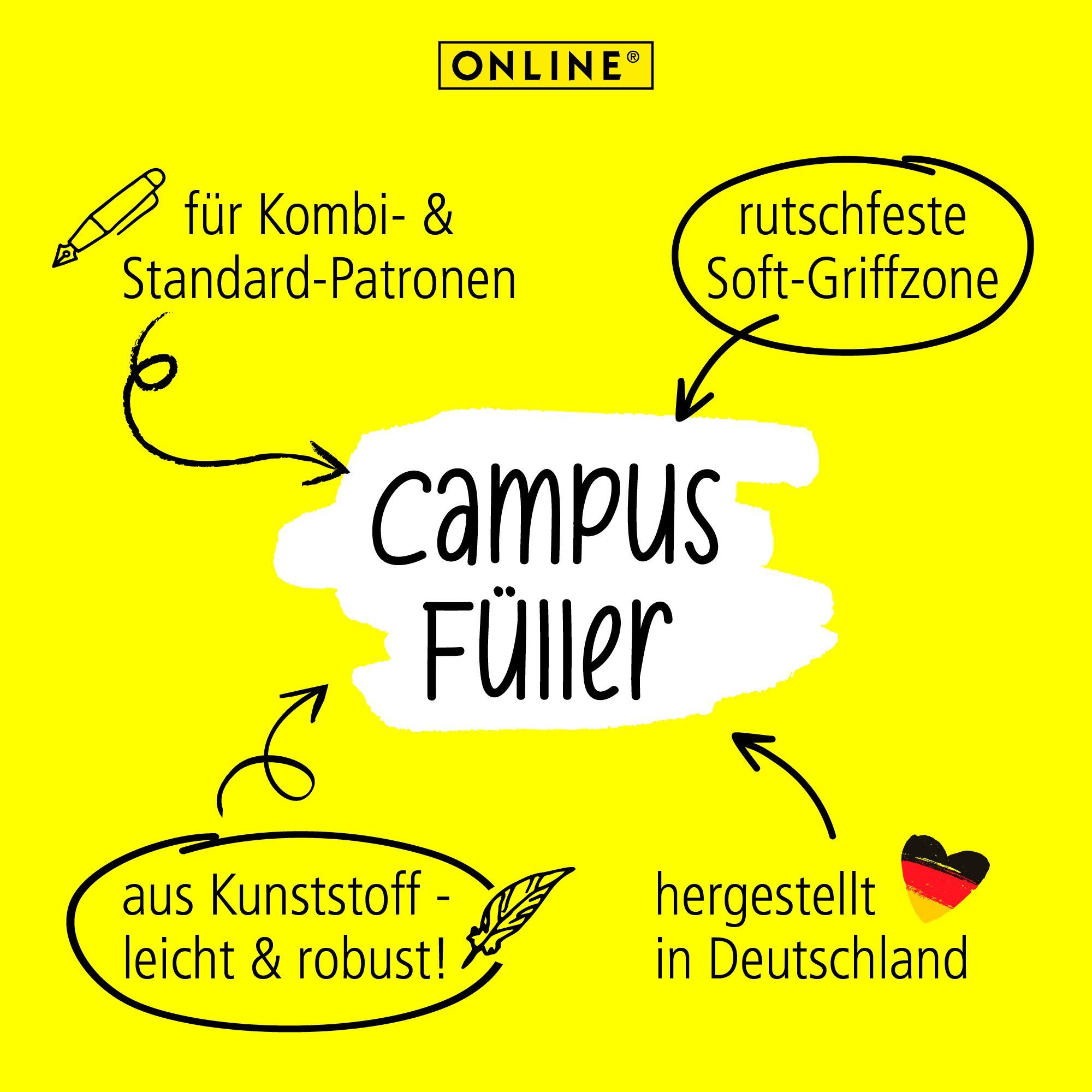 Online Pen Füller Campus Füllhalter, ergonomisch, ideal für die Schule, hergestellt in Deutschland