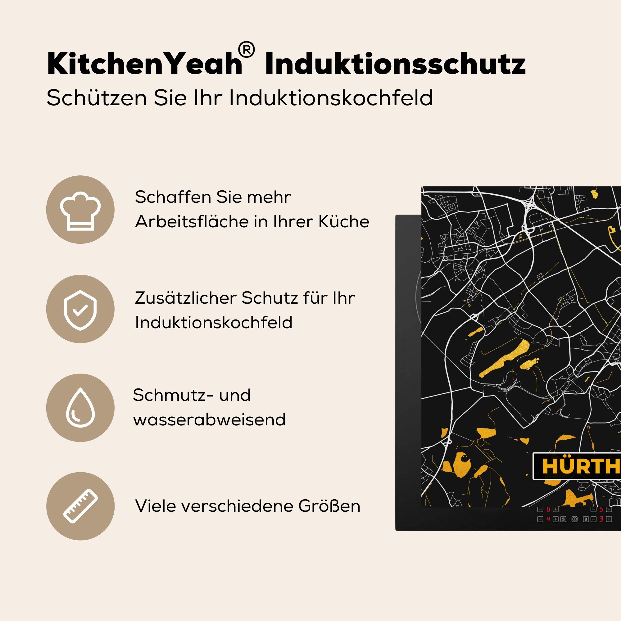 - - für Deutschland MuchoWow Gold Ceranfeldabdeckung, 78x78 cm, Herdblende-/Abdeckplatte Vinyl, Karte Arbeitsplatte küche (1 tlg), - Hürth,