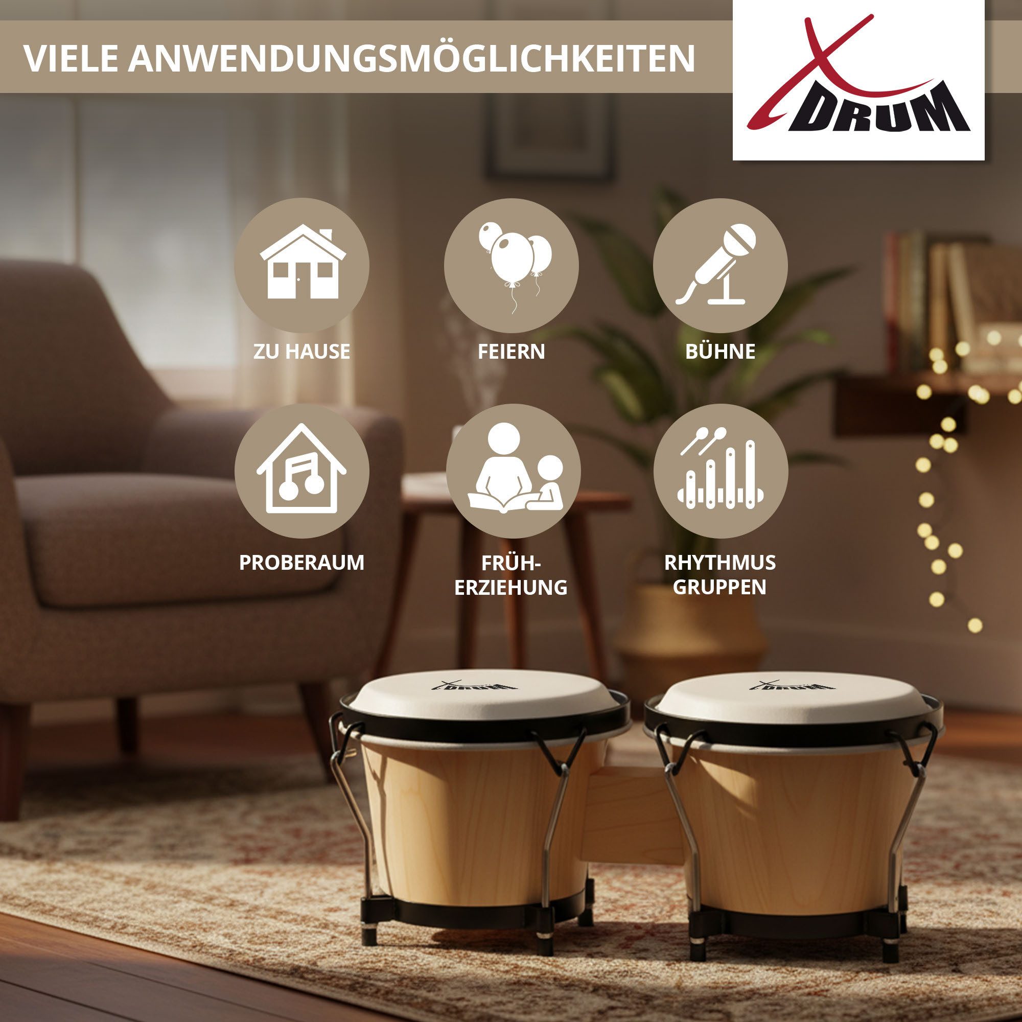 XDrum Bongo Bongos Club - 6" Macho und 7" Hembra, inkl. Stimmschlüssel, mit Naturfellen und professionellem Stimmsystem – Bild 5 von 5