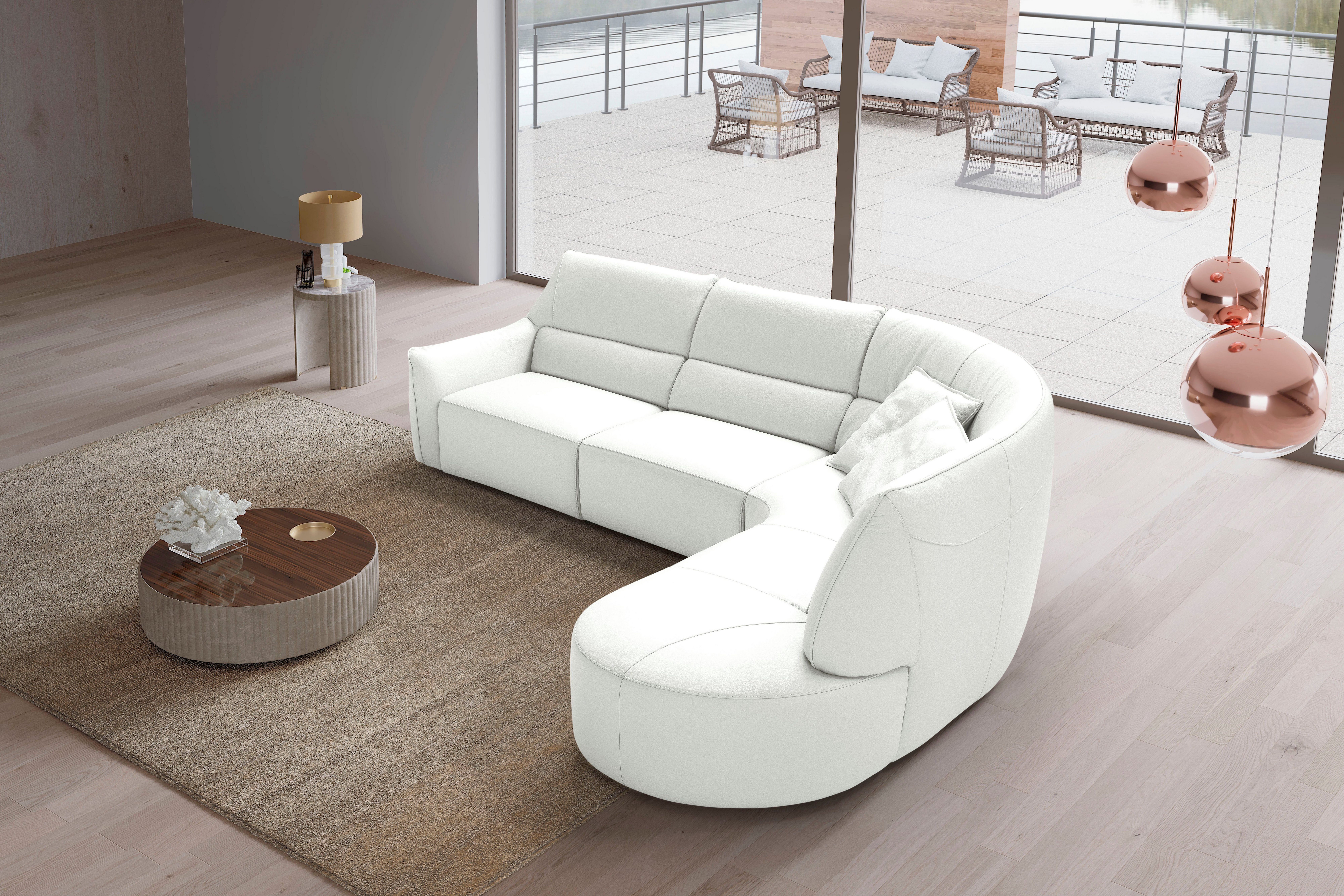 Egoitaliano Ecksofa Puffy, extravagant & edel, Retro Designsofa, hoher Sitzkomfort, L-Form, mit Ottomane, wahlweise mit und ohne elektrischer Relaxfunktion
