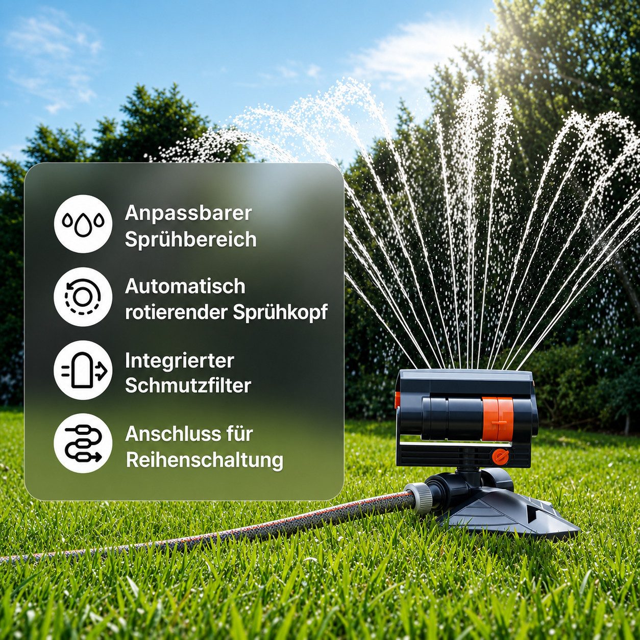 AIMAX Viereckregner Rasensprenger, Gartensprinkler mit 4 Sprühbildern, Oszillationsregner, Bewässerungssystem mit regulierbarer Wassermenge