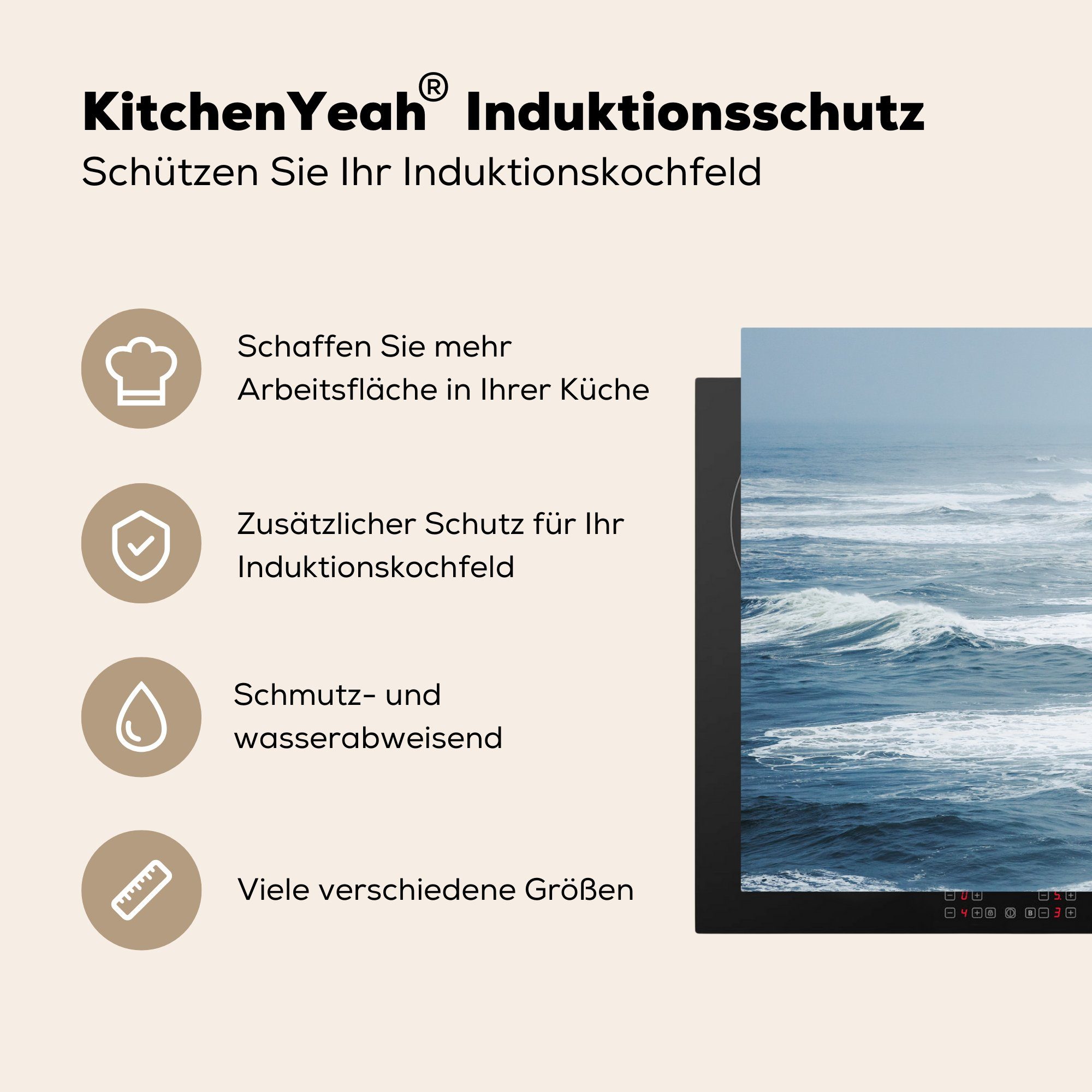 MuchoWow Herdblende-/Abdeckplatte Wasser - Schutz küche, Vinyl, cm, - die Ceranfeldabdeckung Wellen (1 81x52 - Induktionskochfeld tlg), für Meer Strand