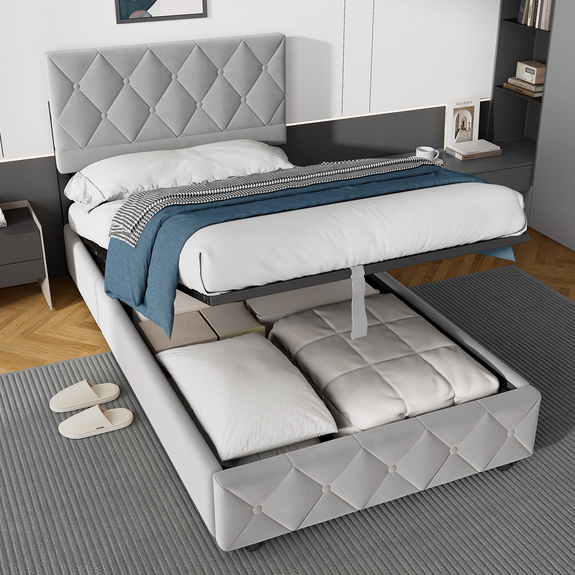 OKWISH Polsterbett Stauraumbett Funktionsbett (90x200 cm Ausgezeichnete Atmungsaktivität, mit Lattenrost ohne Matratze), Strapazierfähig und schmutzabweisend,elastische Polsterung