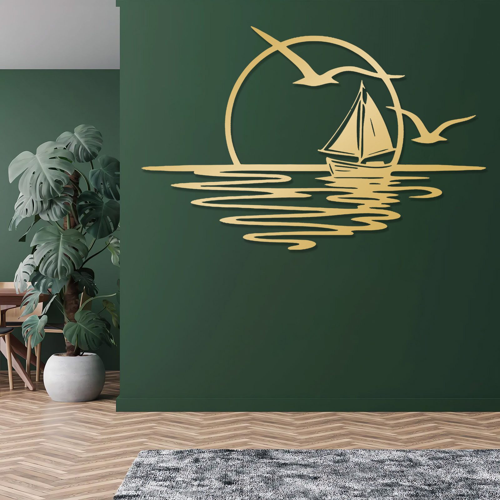 Jumpeak Wanddekoobjekt Wanddeko mit Segelbooten und Möwen,Sonnenaufgang,Sonne,Meer,Seefahrt, Metall,4 Farben,4 Maße,Wasserwellen, Strichkunst,Natürliche Atmosphäre