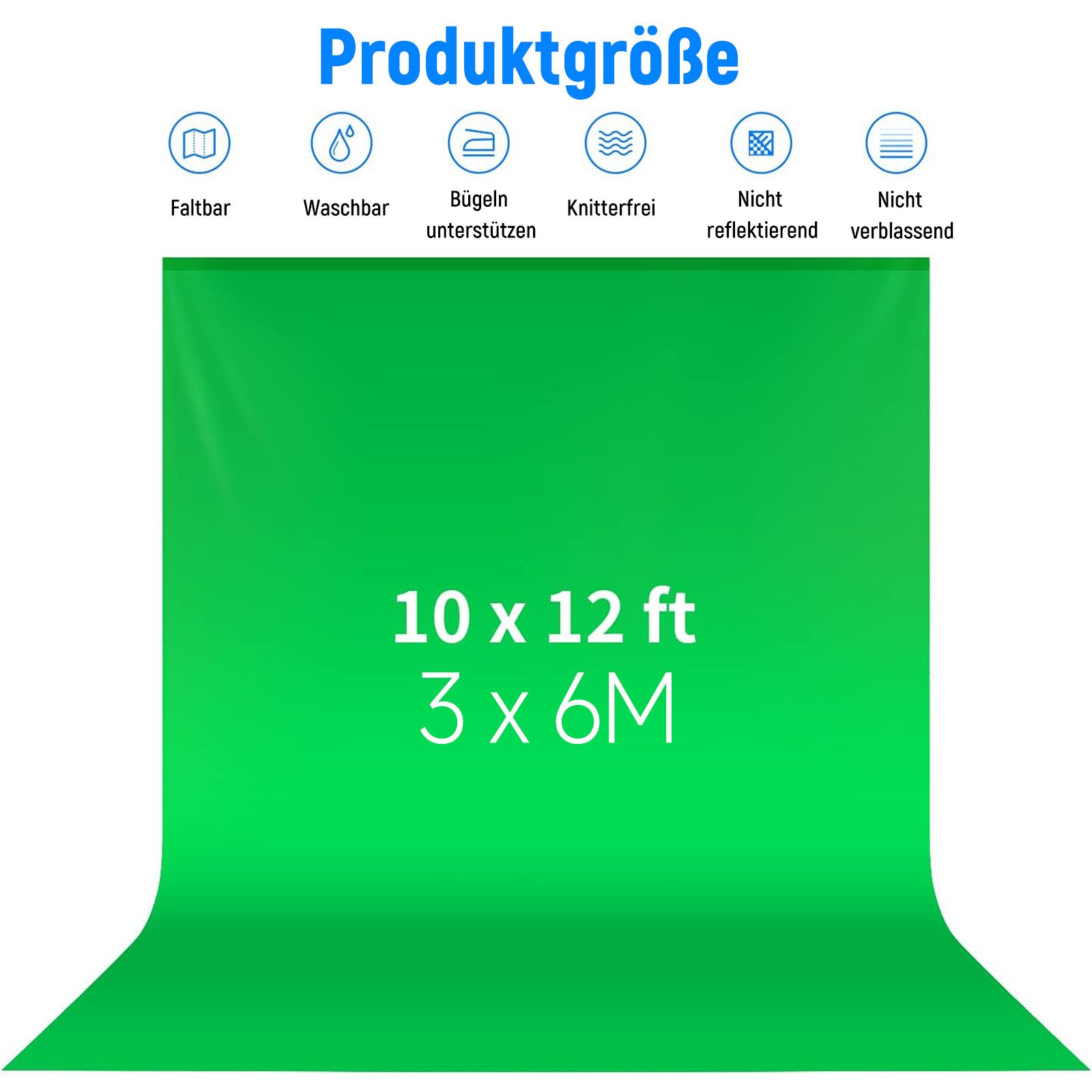 Neewer Hintergrundtuch BD-1020 3x6m Muslin-Hintergrund faltbar grün, Nahtlose Verarbeitung, vollständig versäumte Kanten