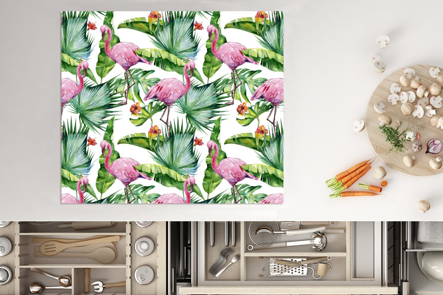 - Herdblende-/Abdeckplatte Flamingo cm, nutzbar, - (1 Induktionsschutz -, Kochfeld Vinyl, Ceranfeldabdeckung für Mobile tlg), Arbeitsfläche 60x52 Abdeckplatte - Blätter MuchoWow