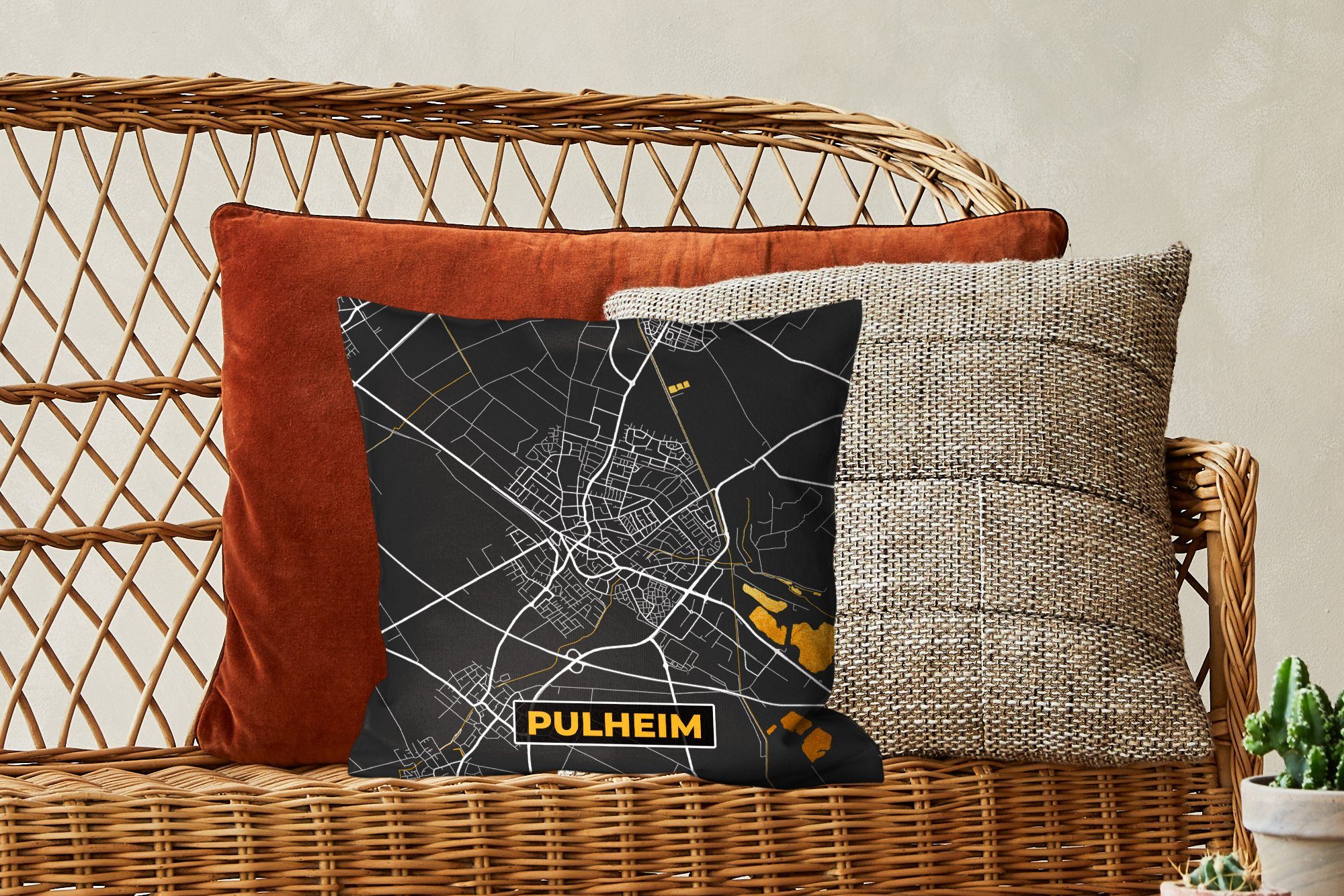 Wohzimmer, Pulheim Karte - Deutschland für Stadtplan Zierkissen Deko, Sofakissen - - Schlafzimmer, Füllung Gold, mit - Dekokissen MuchoWow